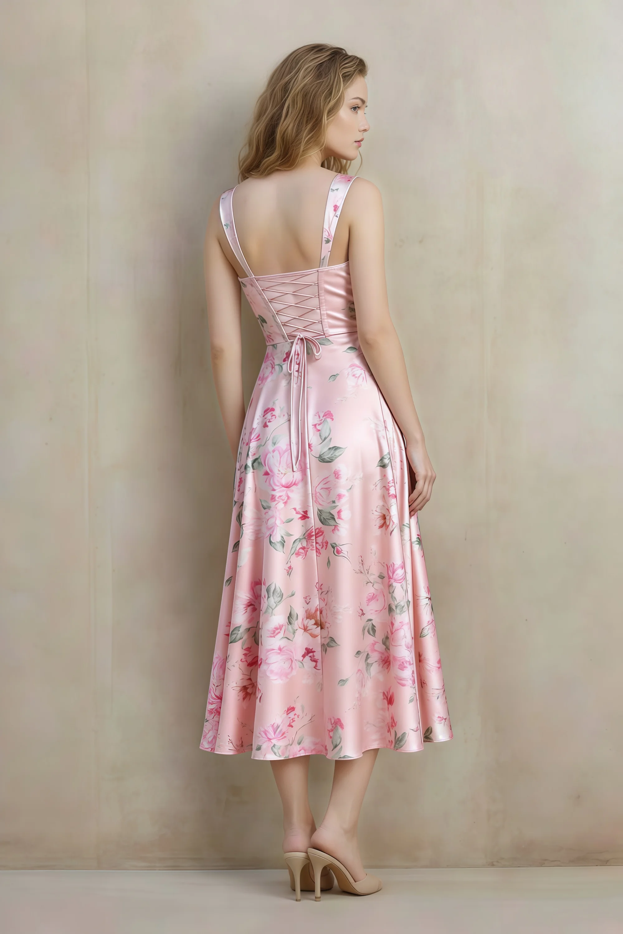 Abby Pink Floral Square Neck Ruched Midi Dress Secondary image