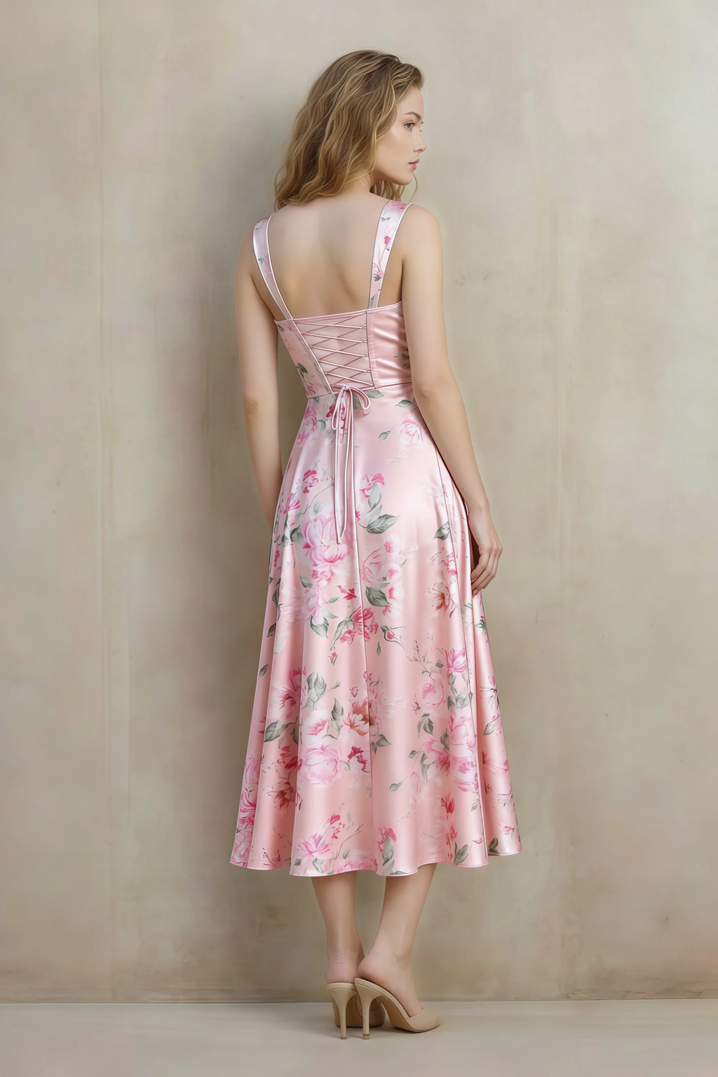 Abby Pink Floral Square Neck Ruched Midi Dress