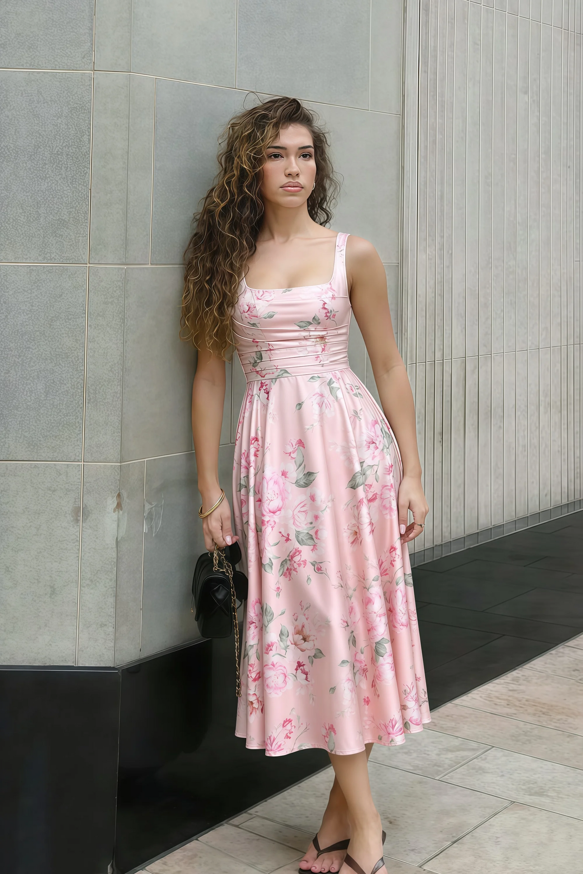 Abby Pink Floral Square Neck Ruched Midi Dress