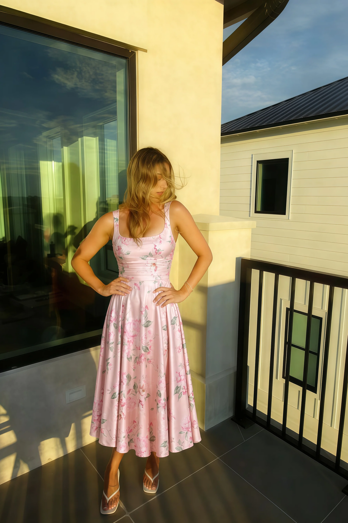 Abby Pink Floral Square Neck Ruched Midi Dress