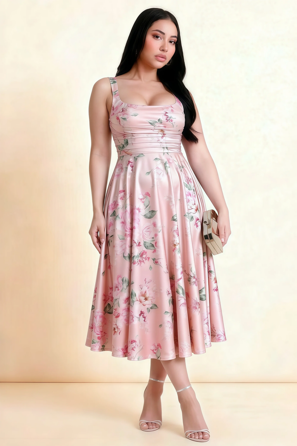 Abby Pink Floral Square Neck Ruched Midi Dress