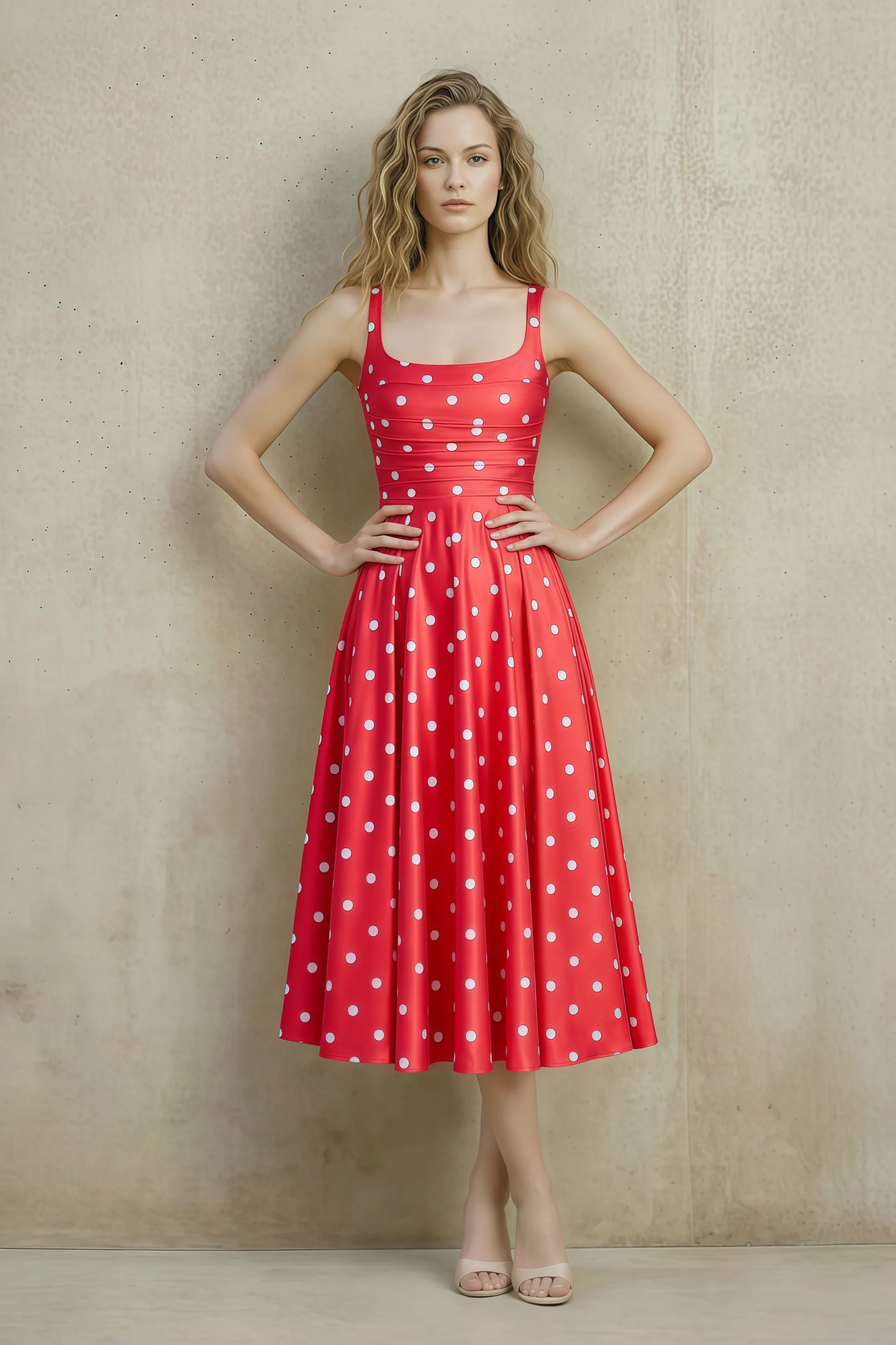 Abby Red Polka Dot Square Neck Ruched Midi Dress