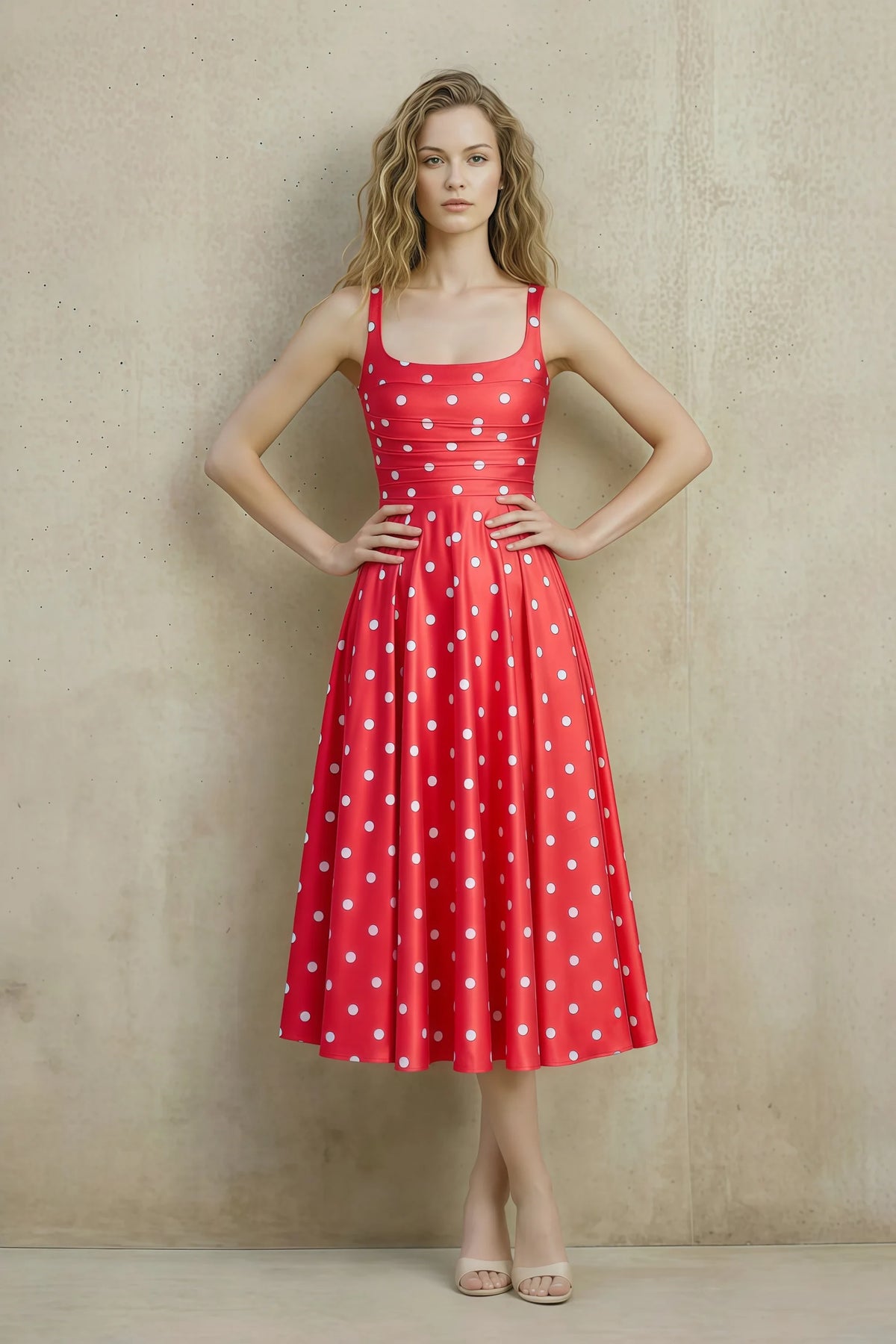 Abby Red Polka Dot Square Neck Ruched Midi Dress Main image