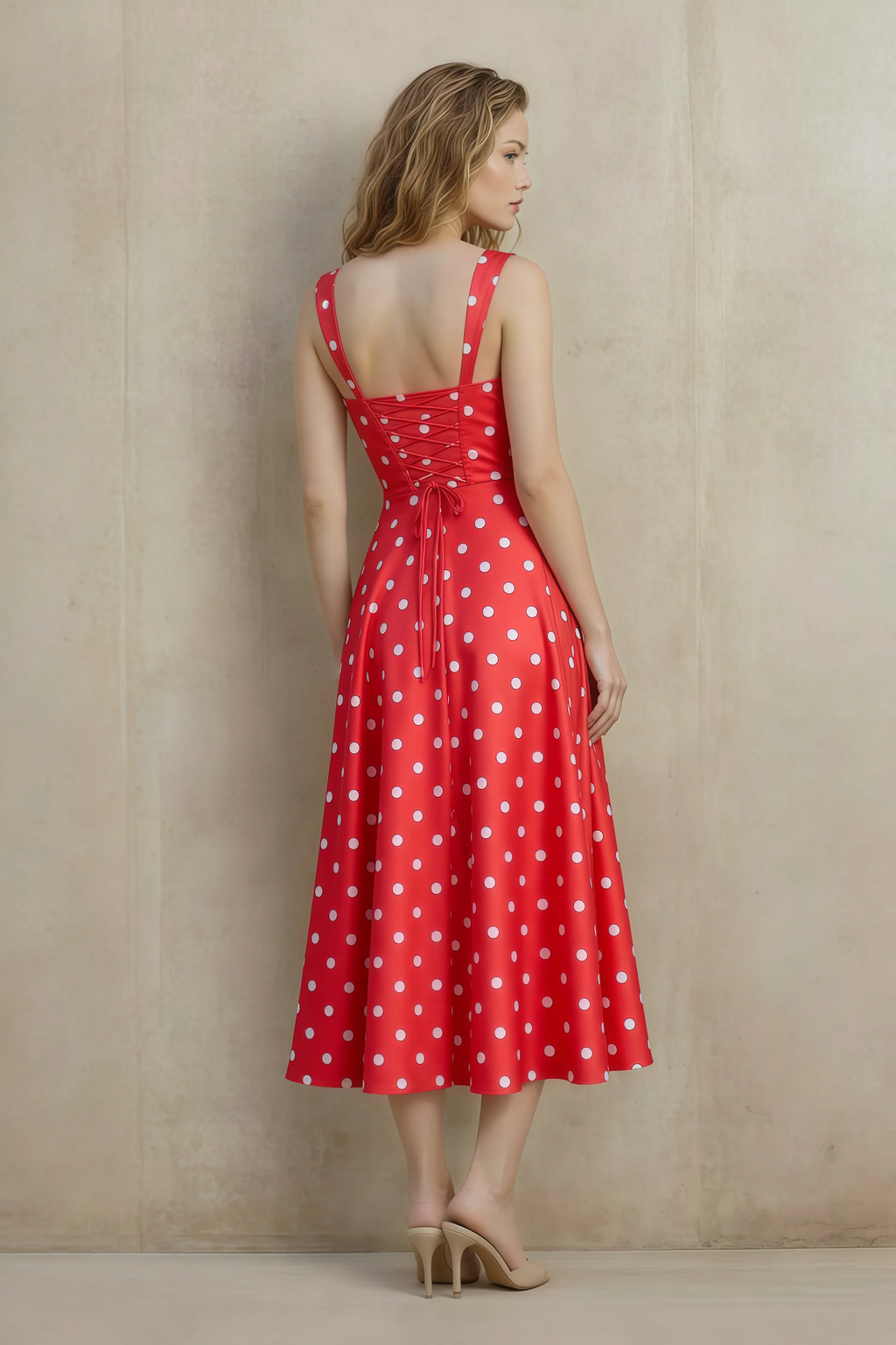 Abby Red Polka Dot Square Neck Ruched Midi Dress