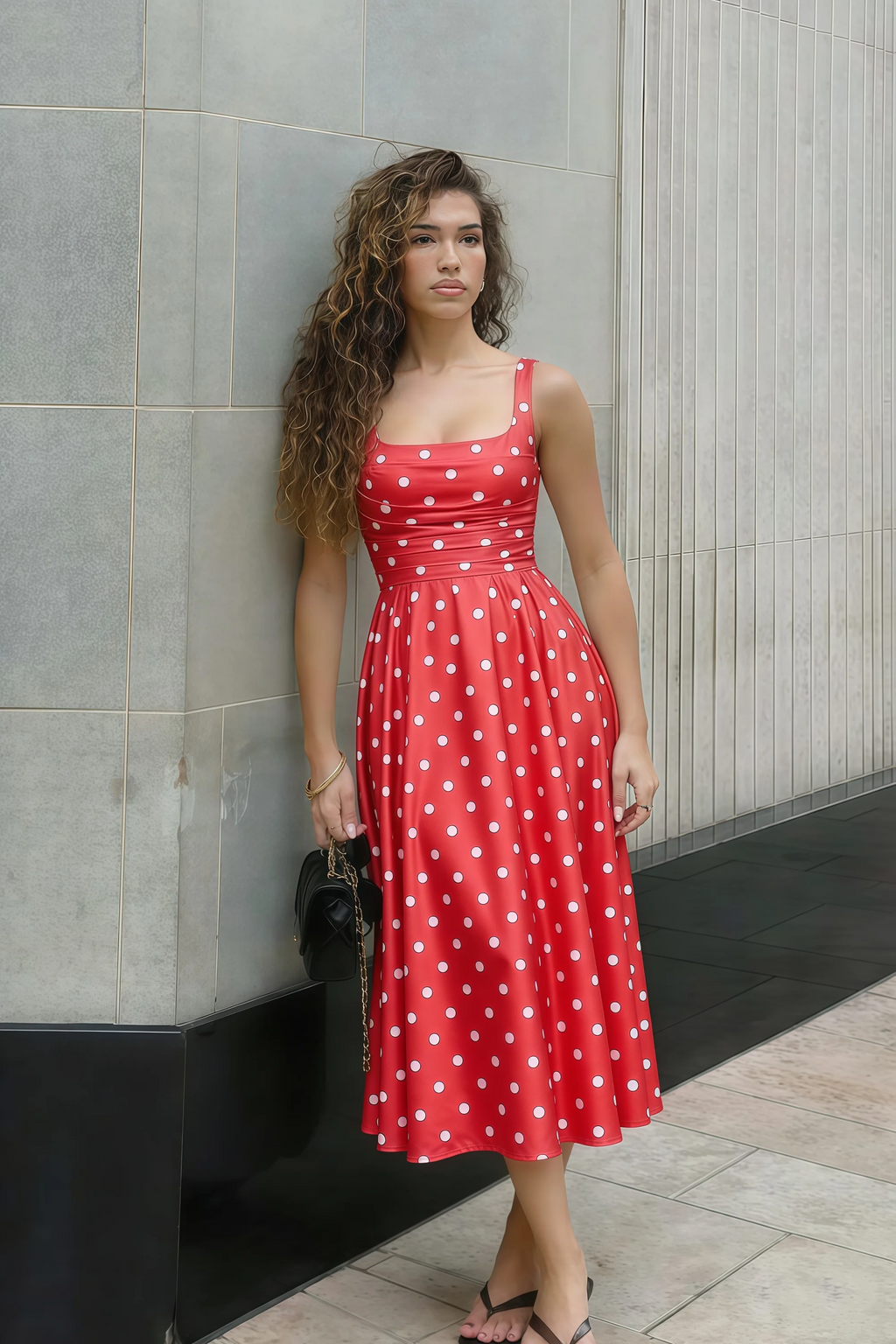 Abby Red Polka Dot Square Neck Ruched Midi Dress