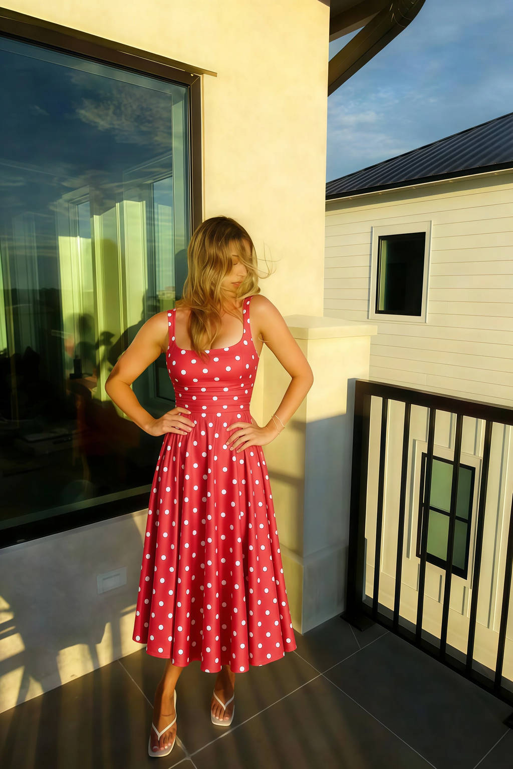 Abby Red Polka Dot Square Neck Ruched Midi Dress