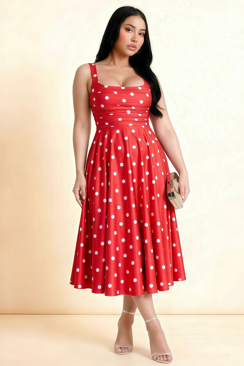 Abby Red Polka Dot Square Neck Ruched Midi Dress