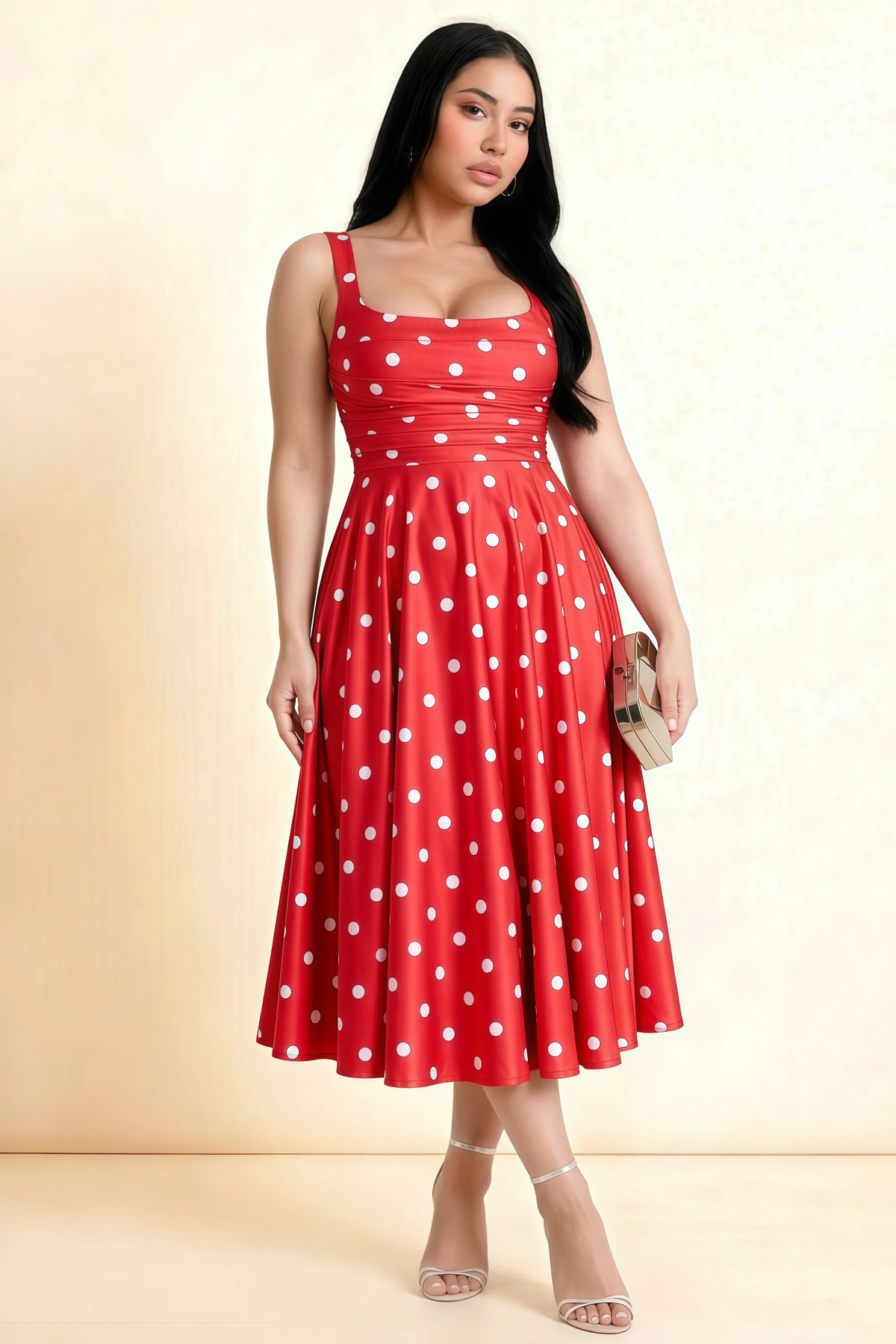 Abby Red Polka Dot Square Neck Ruched Midi Dress