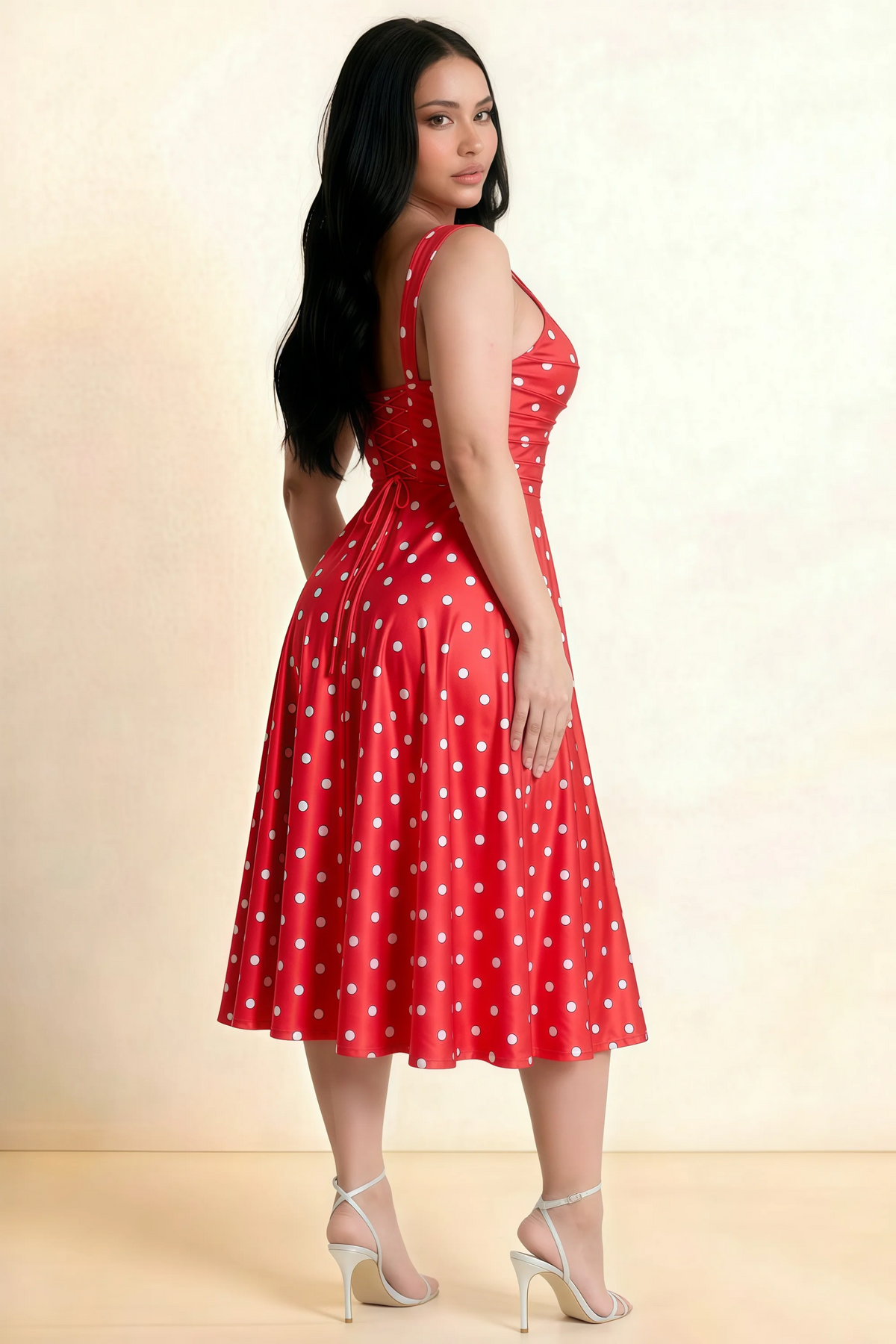 Abby Red Polka Dot Square Neck Ruched Midi Dress