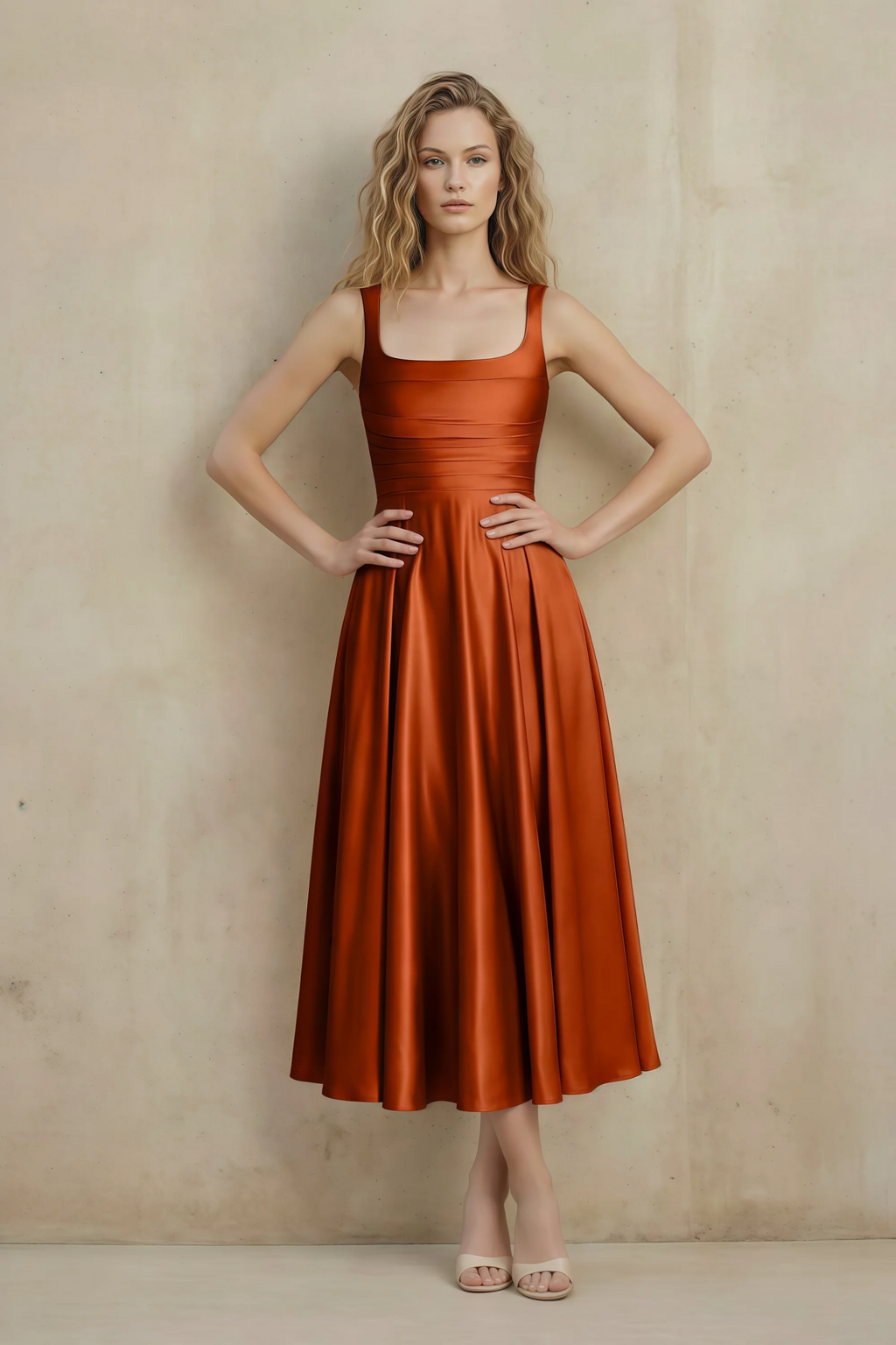 Abby Rust Satin Square Neck Ruched Midi Dress