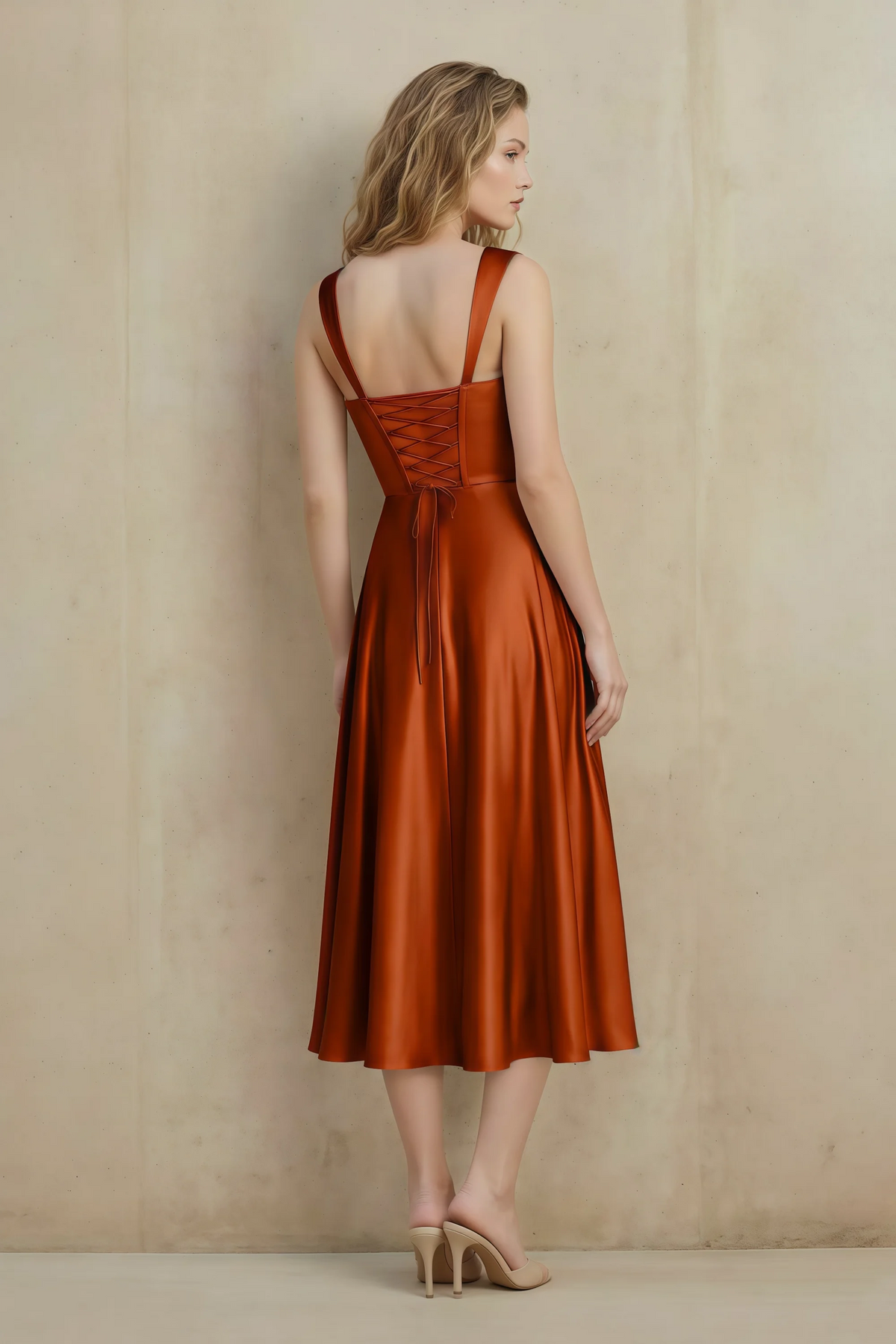 Abby Rust Satin Square Neck Ruched Midi Dress
