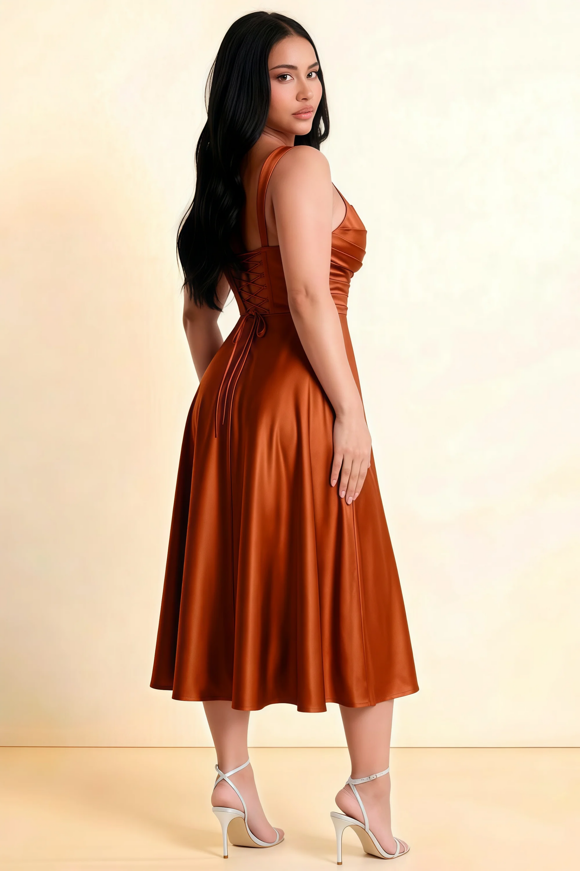 Abby Rust Satin Square Neck Ruched Midi Dress