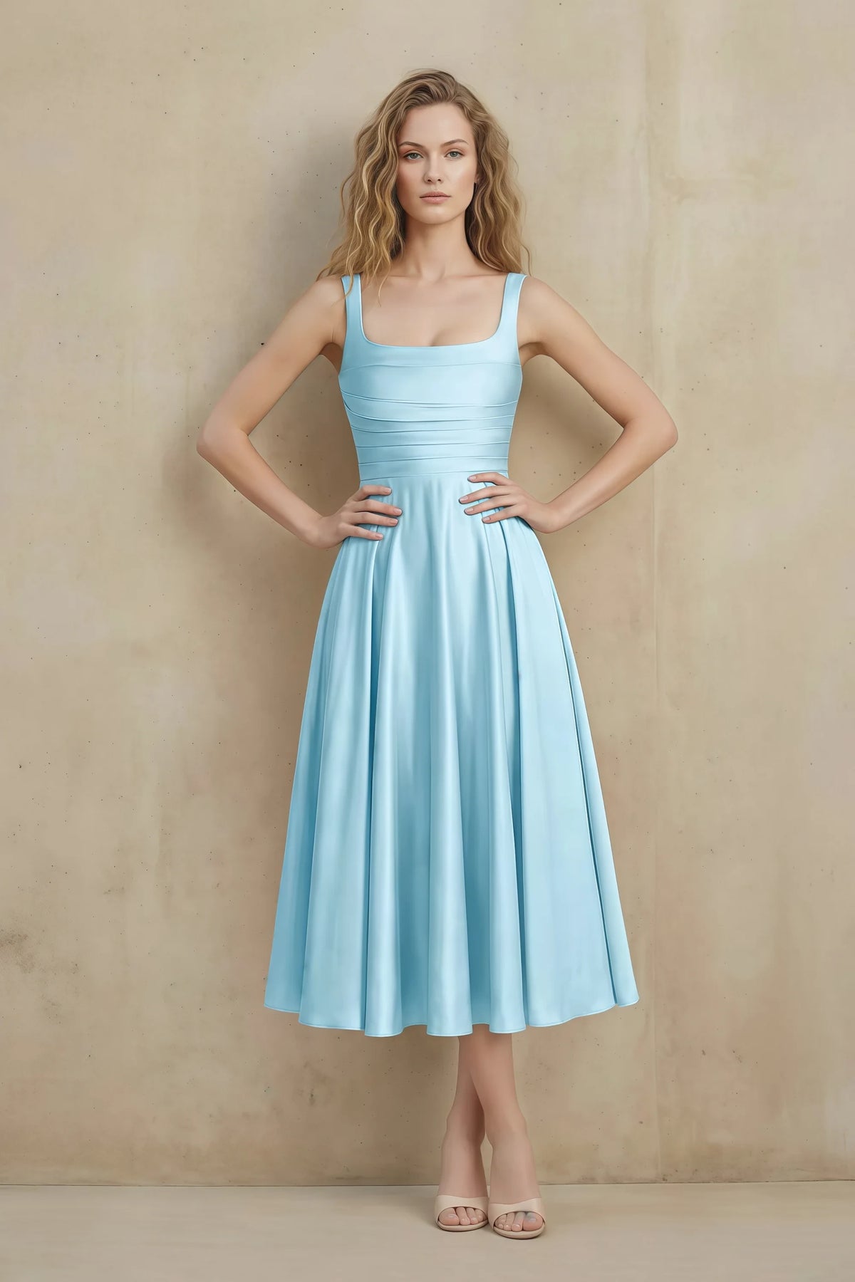 Abby Sky Blue Satin Square Neck Ruched Midi Dress Main image