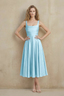 Abby Sky Blue Satin Square Neck Ruched Midi Dress