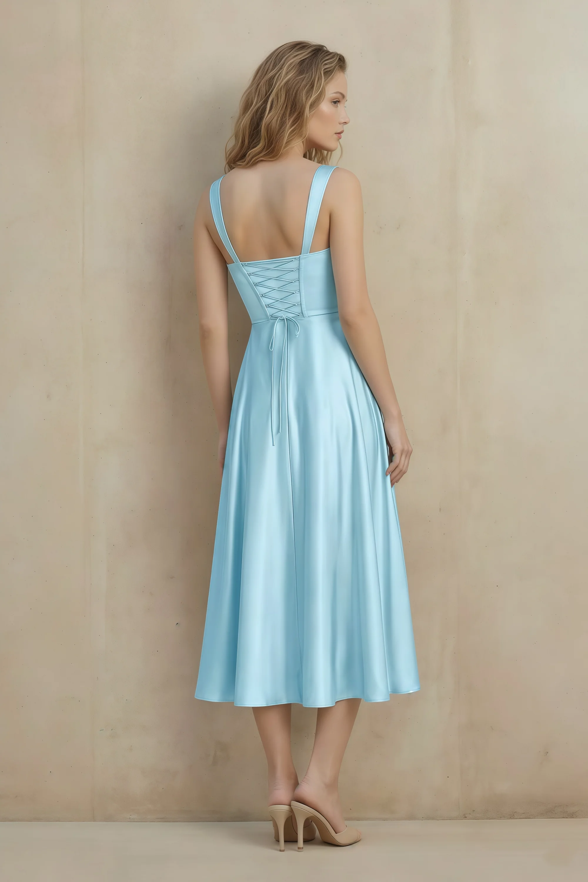 Abby Sky Blue Satin Square Neck Ruched Midi Dress Secondary image
