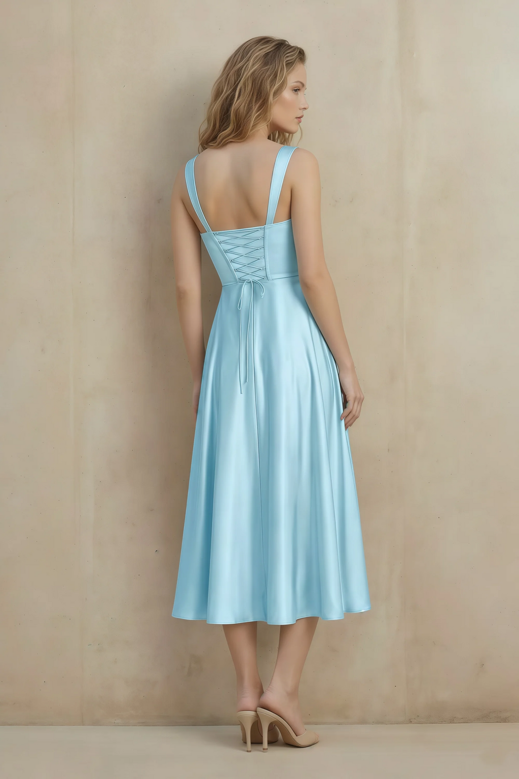 Abby Sky Blue Satin Square Neck Ruched Midi Dress