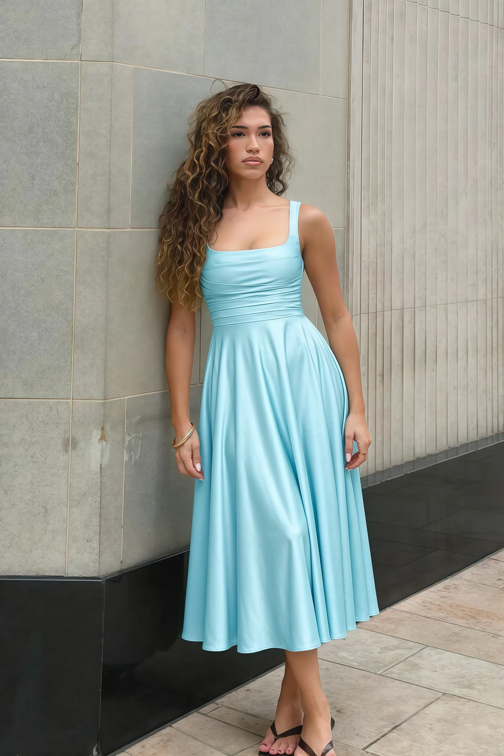 Abby Sky Blue Satin Square Neck Ruched Midi Dress