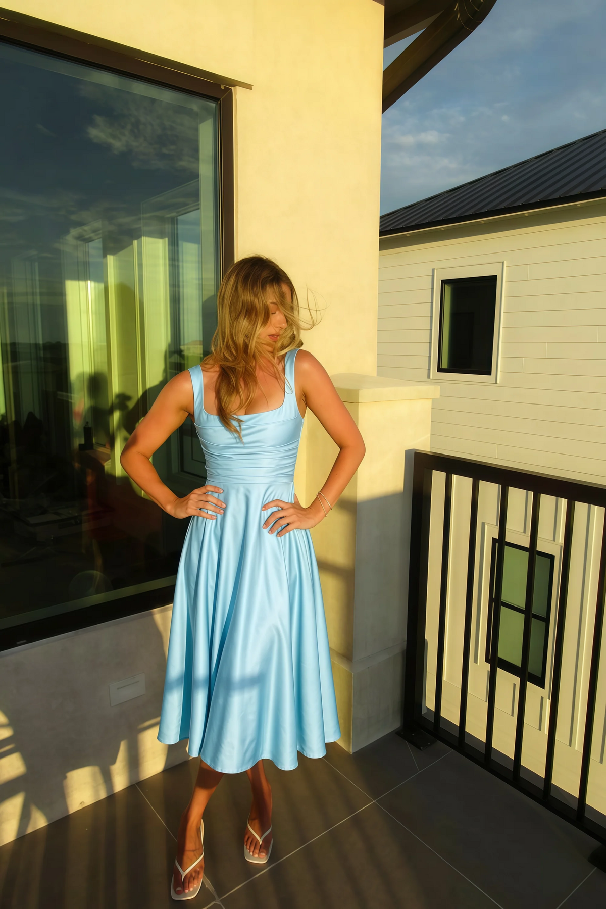 Abby Sky Blue Satin Square Neck Ruched Midi Dress