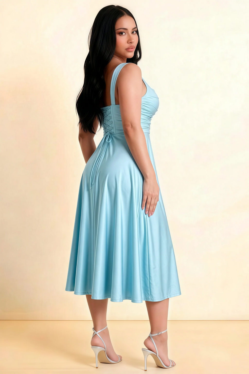 Abby Sky Blue Satin Square Neck Ruched Midi Dress