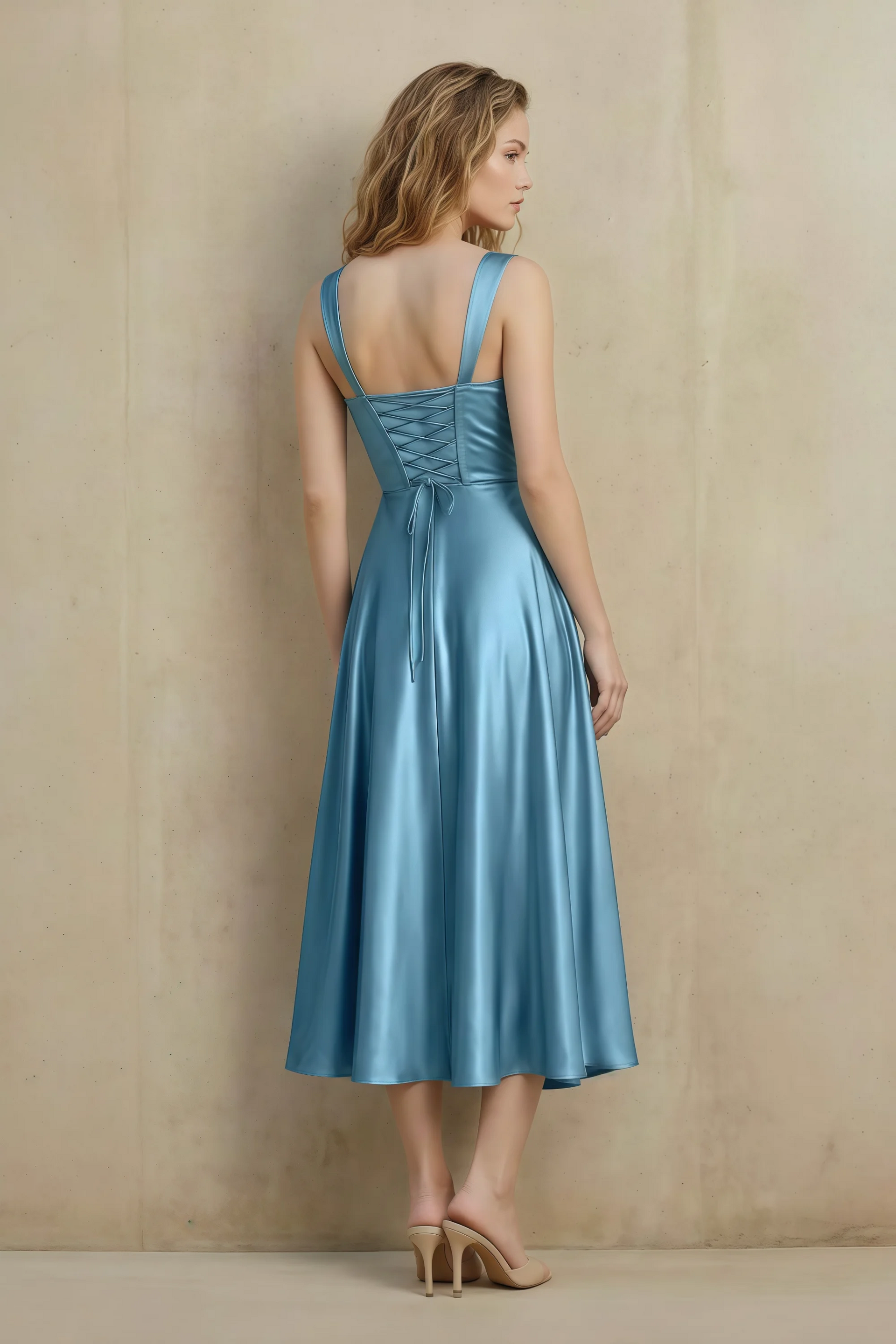 Abby Steel Blue Satin Square Neck Ruched Midi Dress