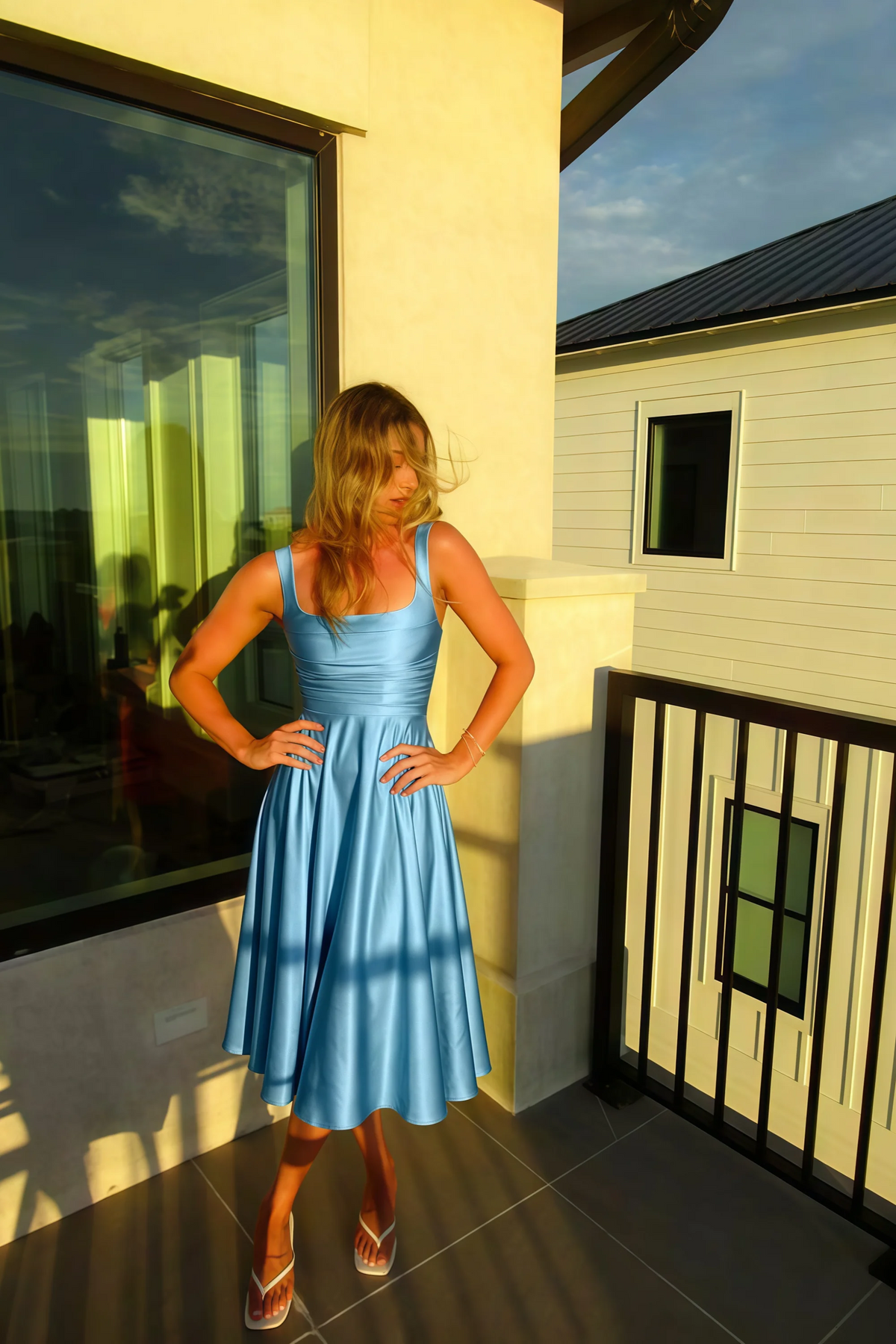 Abby Steel Blue Satin Square Neck Ruched Midi Dress