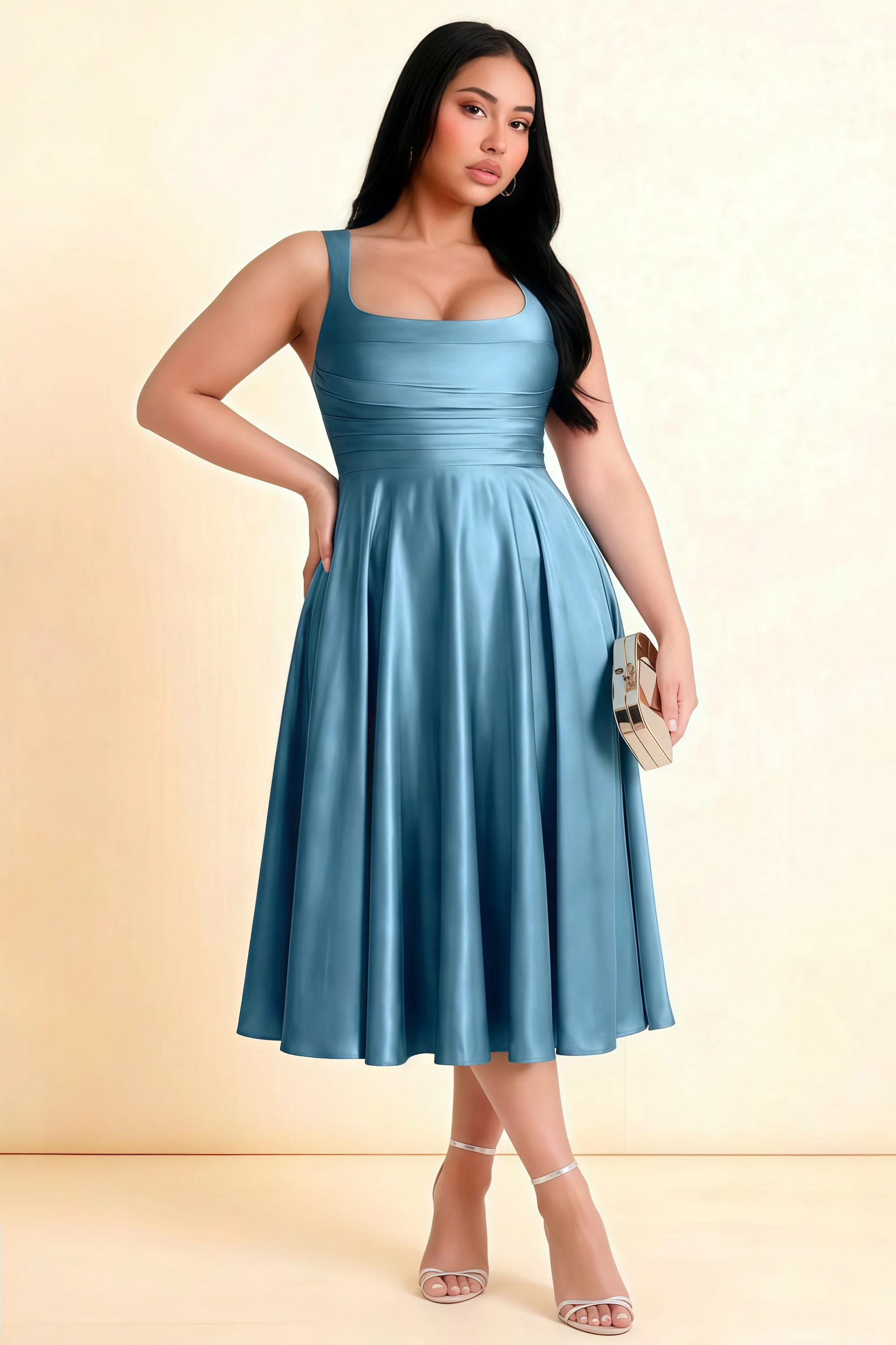 Abby Steel Blue Satin Square Neck Ruched Midi Dress