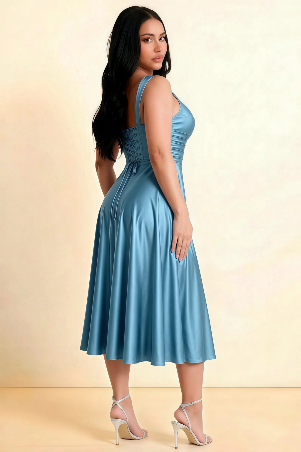 Abby Steel Blue Satin Square Neck Ruched Midi Dress