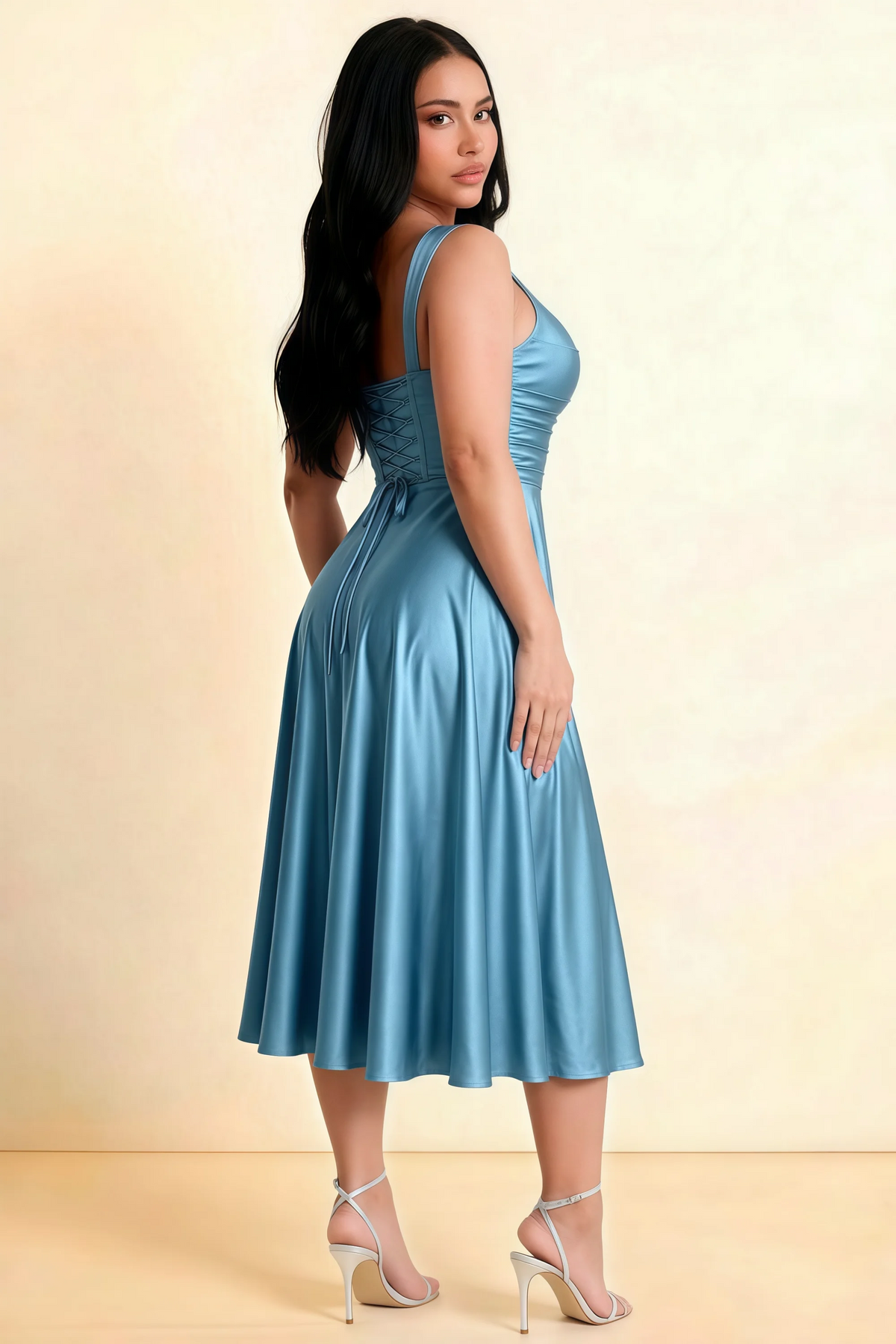 Abby Steel Blue Satin Square Neck Ruched Midi Dress