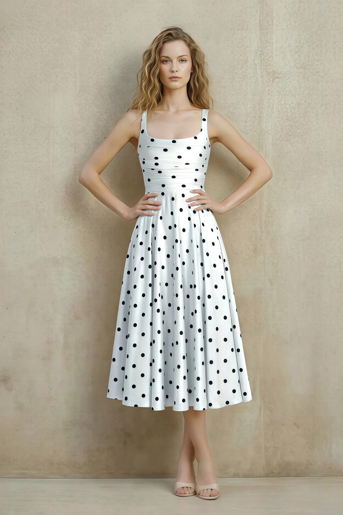 Abby White Polka Dot Square Neck Ruched Midi Dress