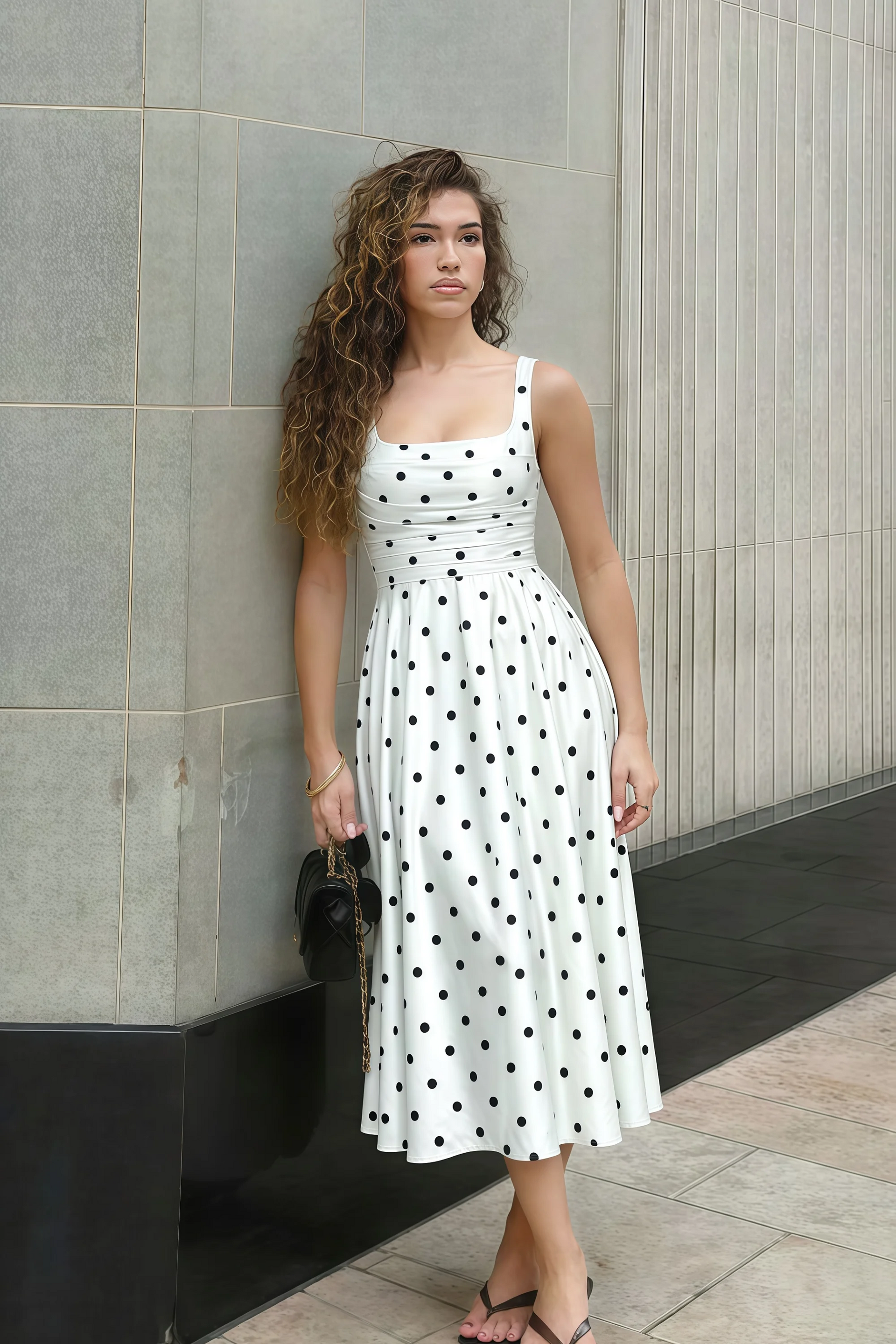 Abby White Polka Dot Square Neck Ruched Midi Dress