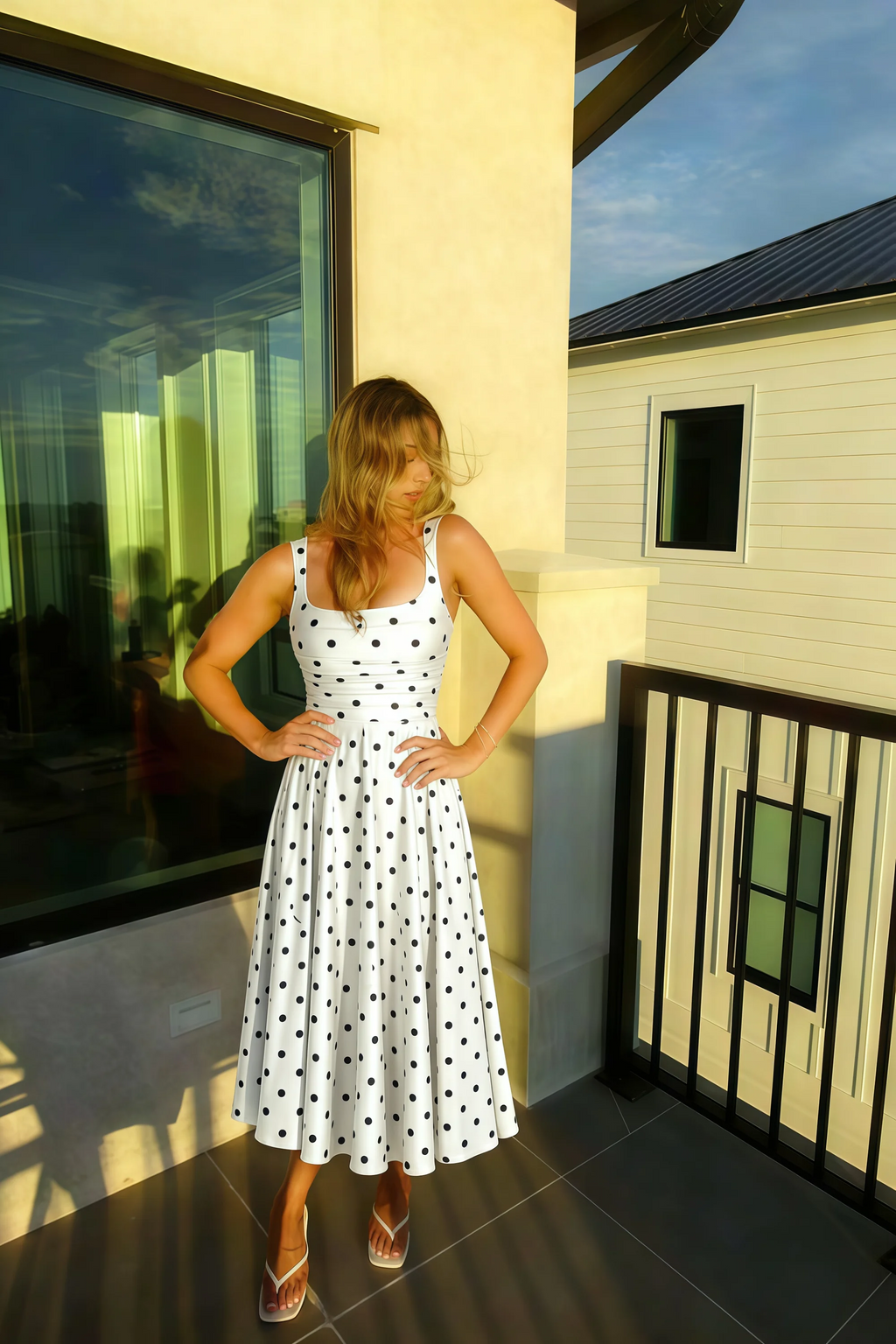 Abby White Polka Dot Square Neck Ruched Midi Dress
