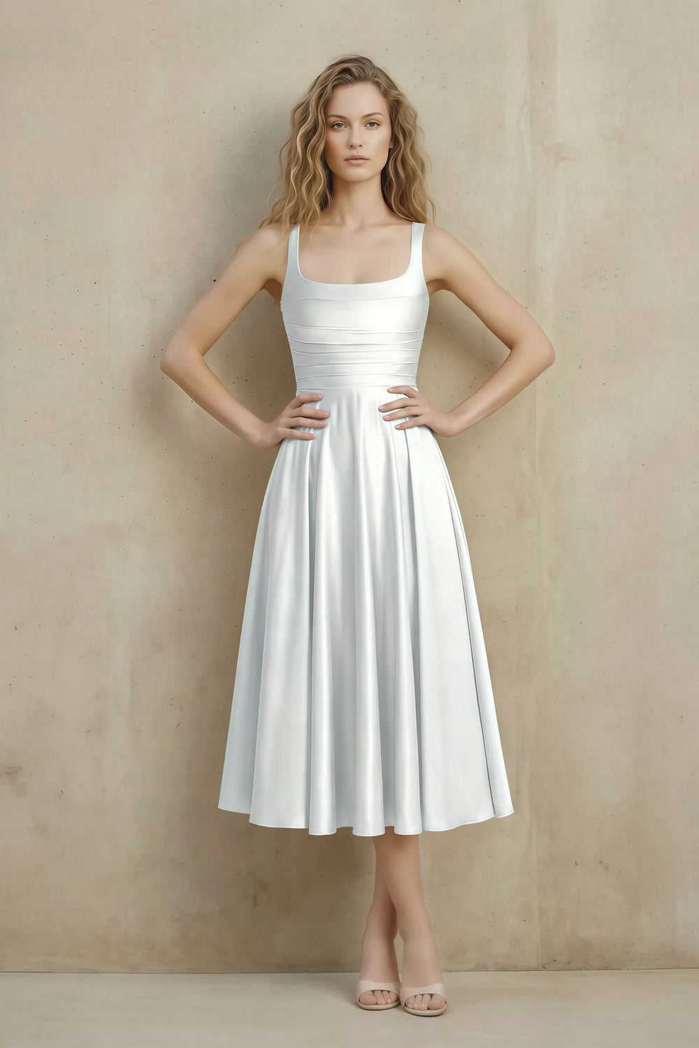 Translation missing: en.Front view of the LVLVS Abby white midi dress, showing the square neckline, wide straps, ruched waist and flared skirt. content.product_image_main