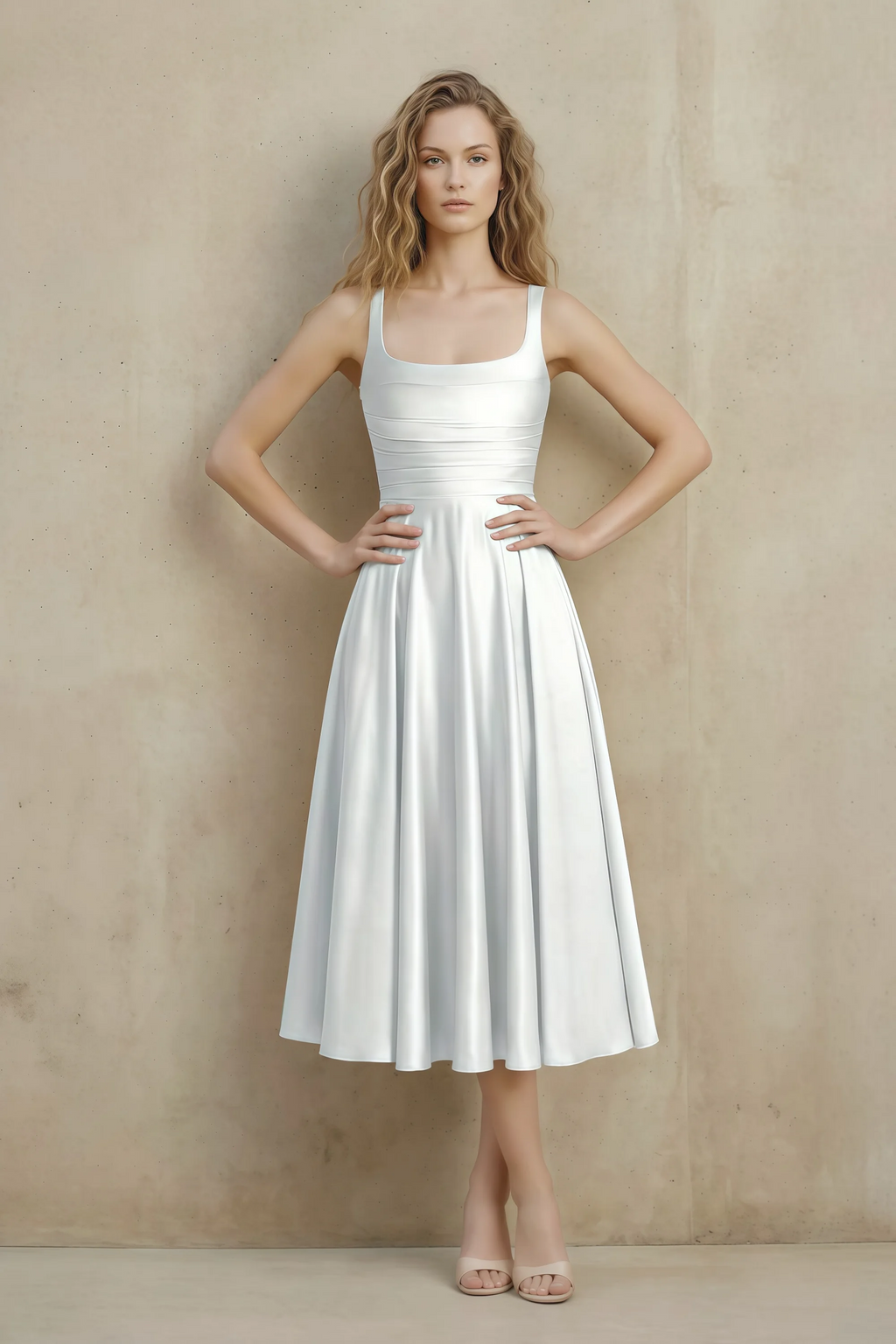 Abby White Satin Square Neck Ruched Midi Dress