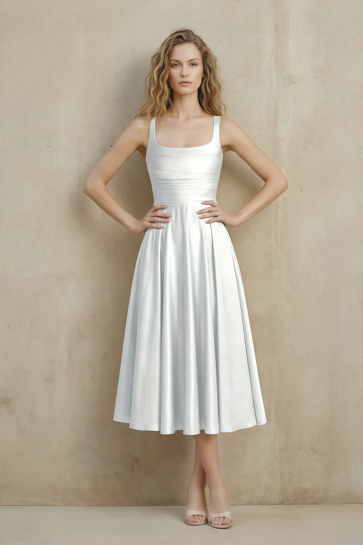 Front view of the LVLVS Abby white midi dress, showing the square neckline, wide straps, ruched waist and flared skirt. Main image