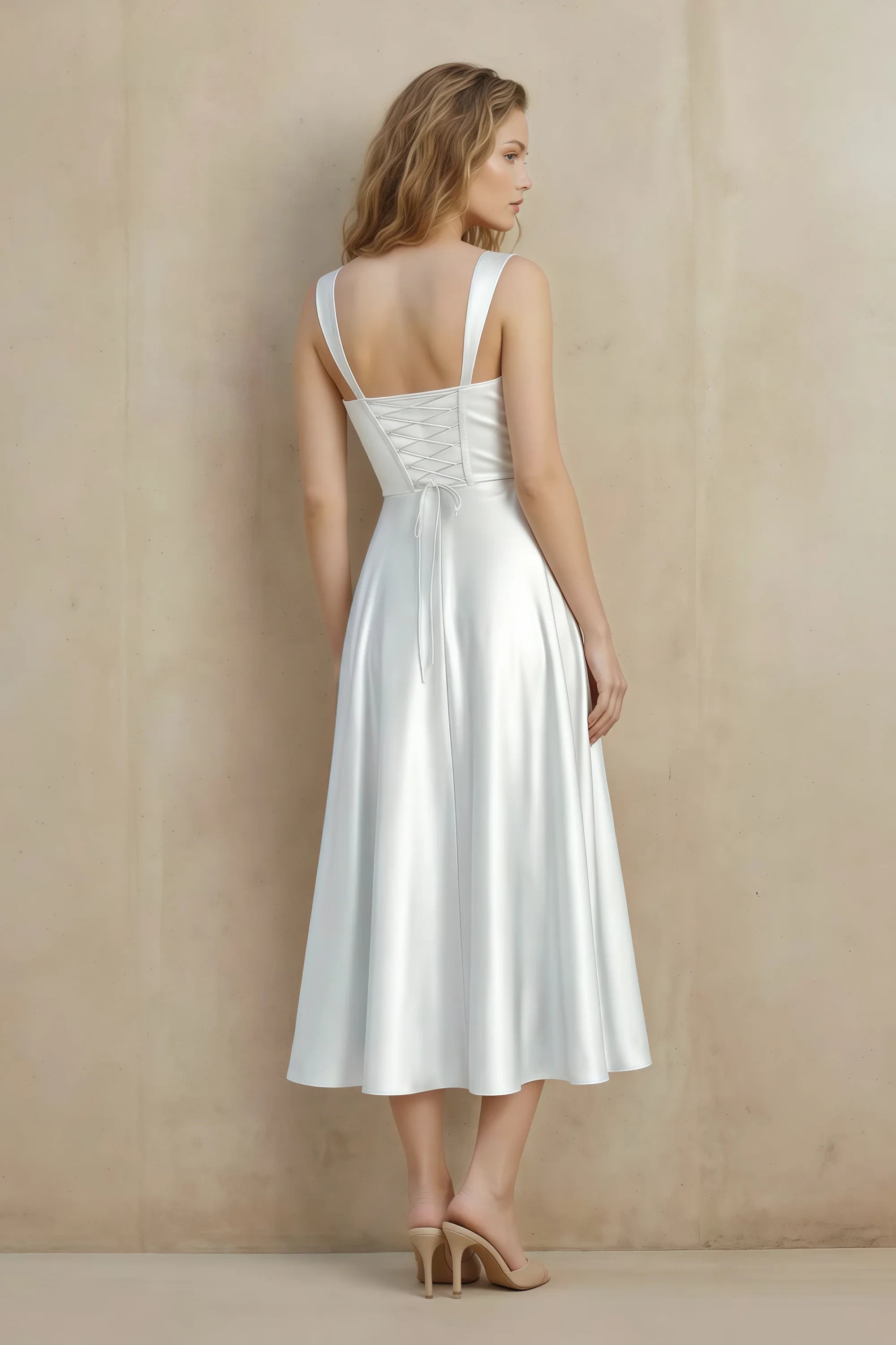 Abby White Satin Square Neck Ruched Midi Dress Secondary image