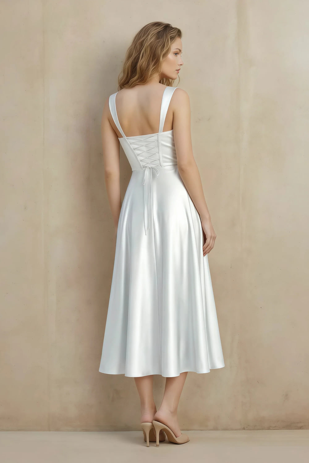 Translation missing: en.Back view of the LVLVS Abby white midi dress, showing the lace-up bodice, shoulder straps and flowing calf-length skirt. content.product_image_secondary