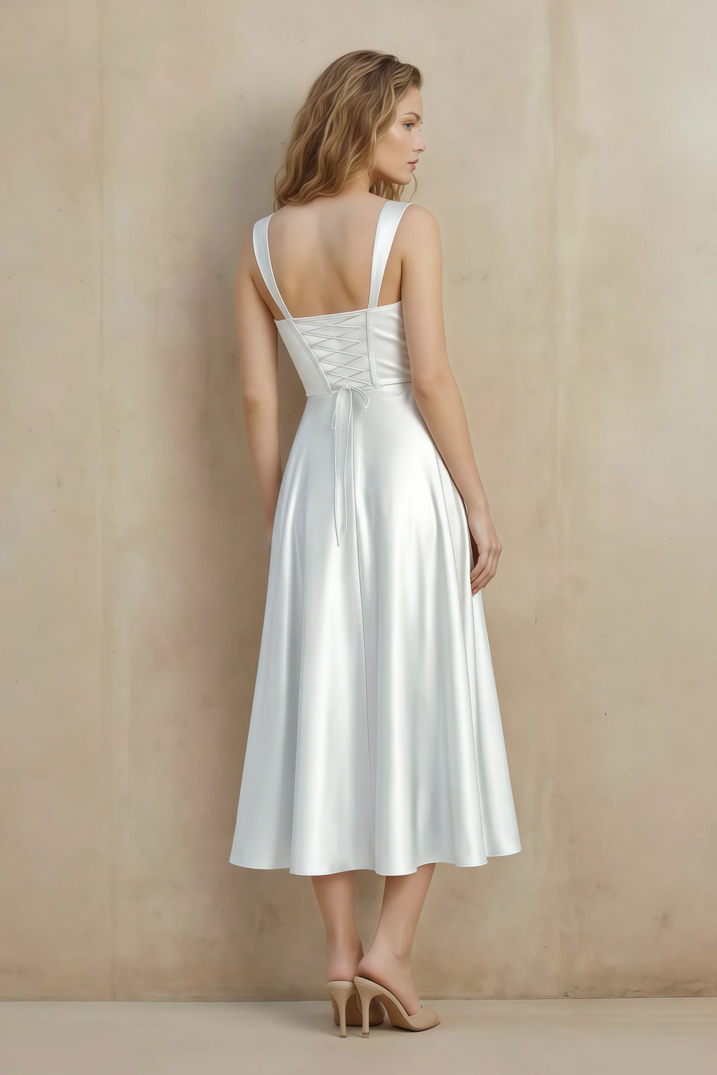 Abby White Satin Square Neck Ruched Midi Dress