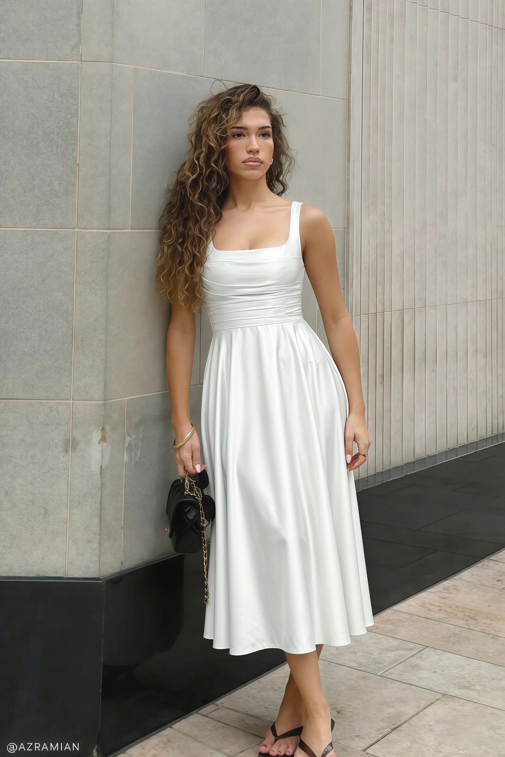Abby White Satin Square Neck Ruched Midi Dress