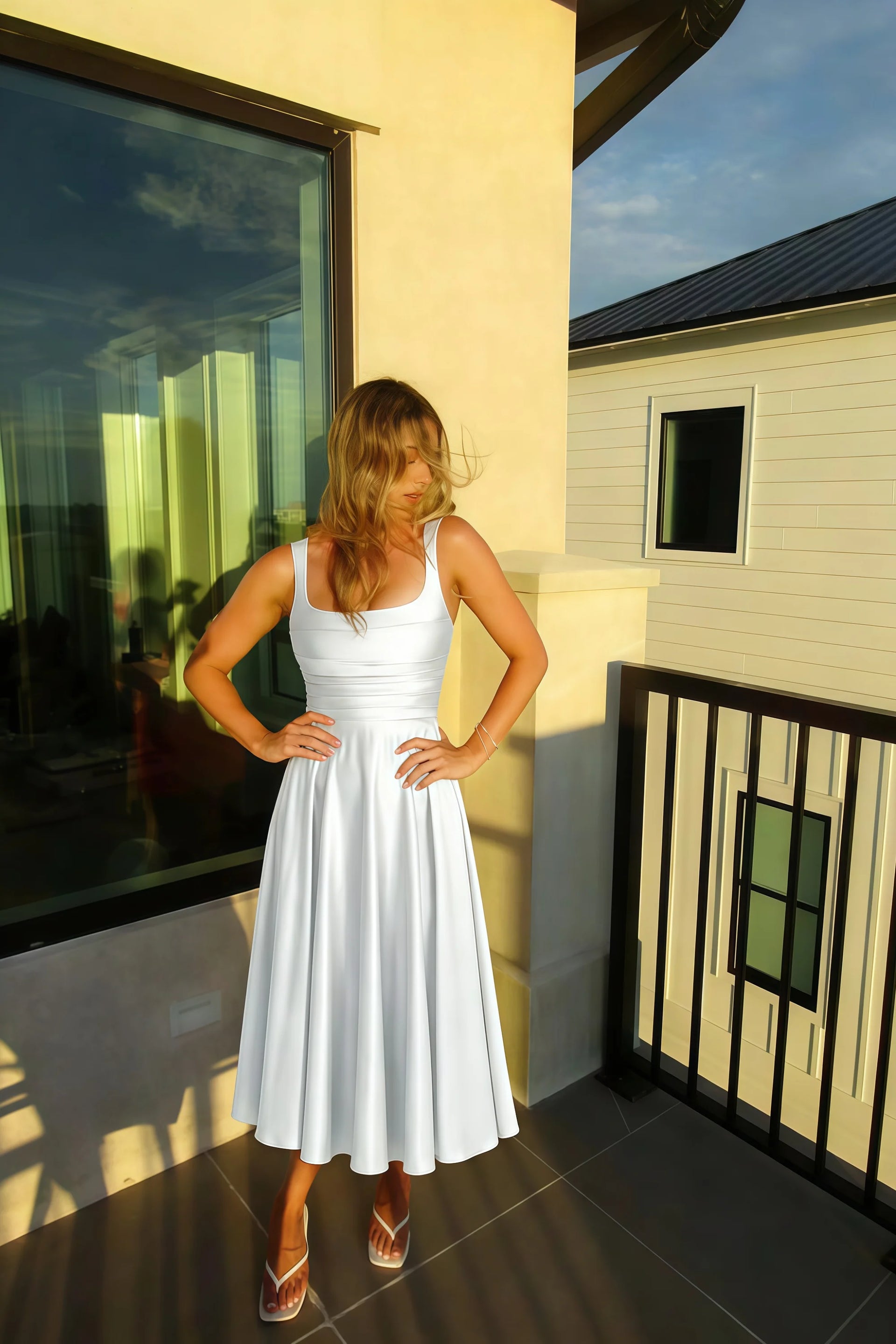 Abby White Satin Square Neck Ruched Midi Dress
