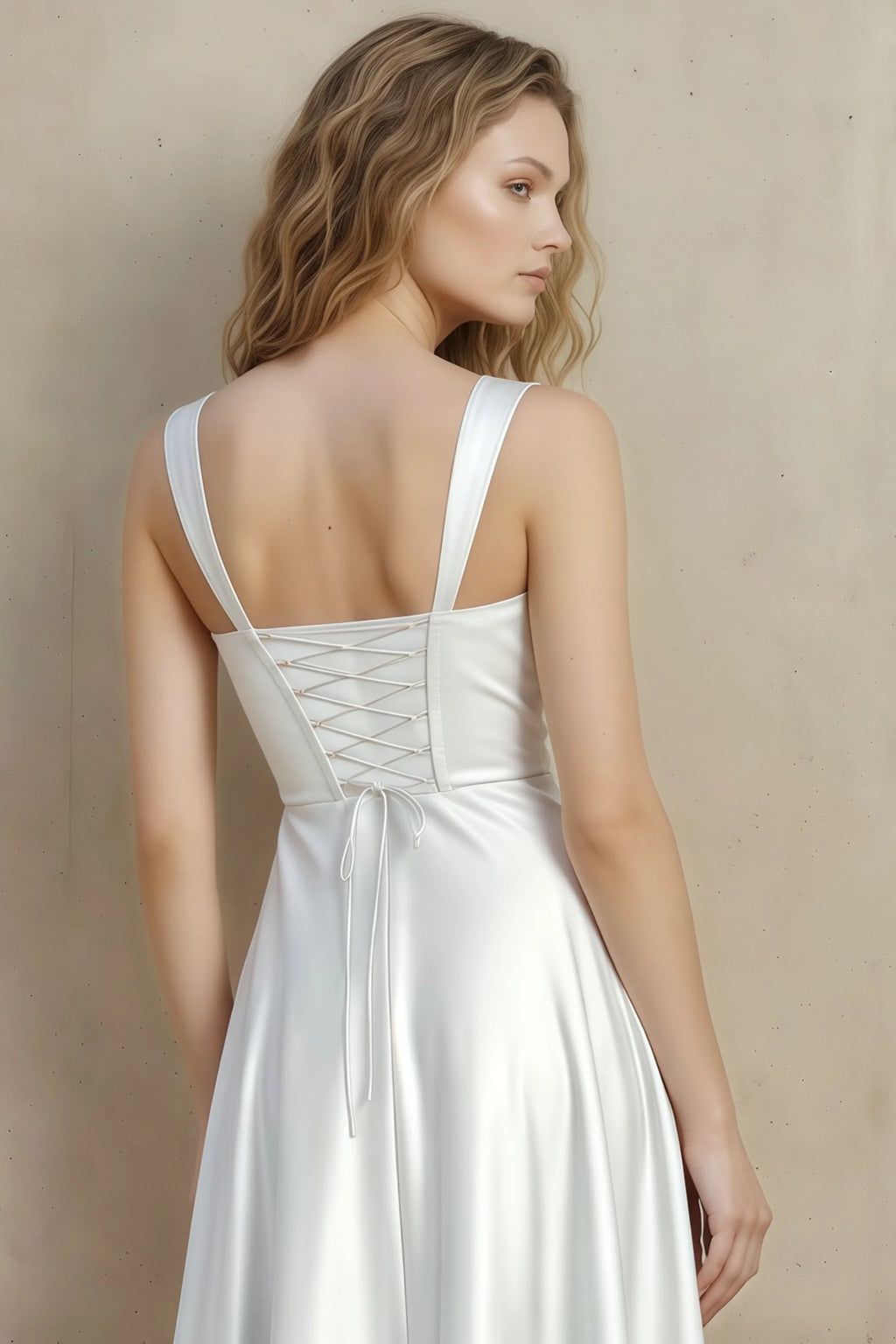 Abby White Satin Square Neck Ruched Midi Dress