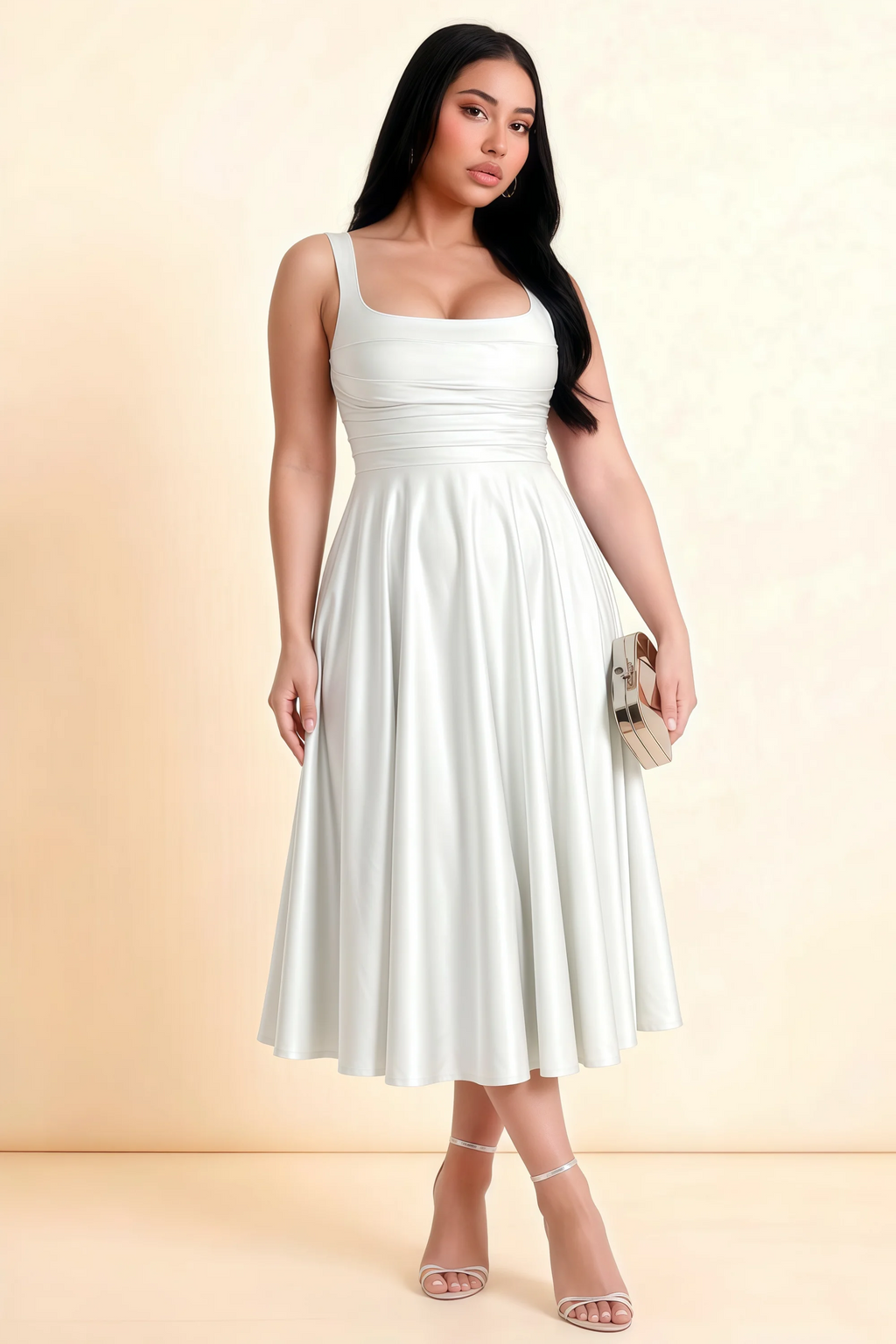 Abby White Satin Square Neck Ruched Midi Dress