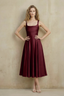 Abby Wine Satin Square Neck Ruched Midi Dress