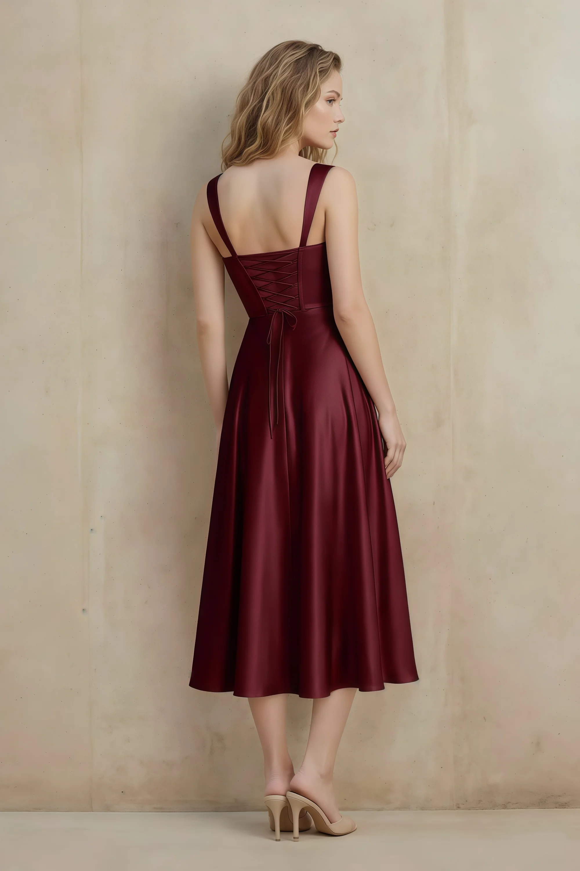 Abby Wine Satin Square Neck Ruched Midi Dress Imagen secundaria del producto
