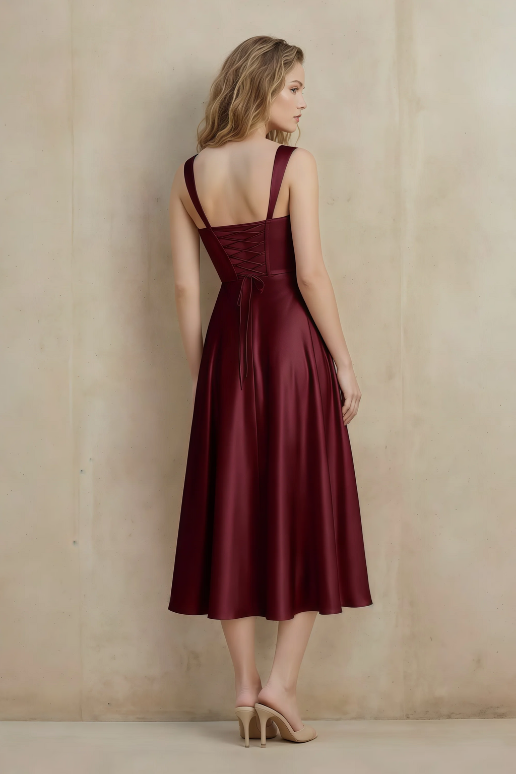 Abby Wine Satin Square Neck Ruched Midi Dress