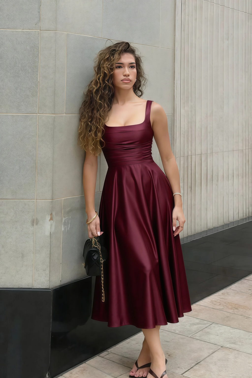 Abby Wine Satin Square Neck Ruched Midi Dress