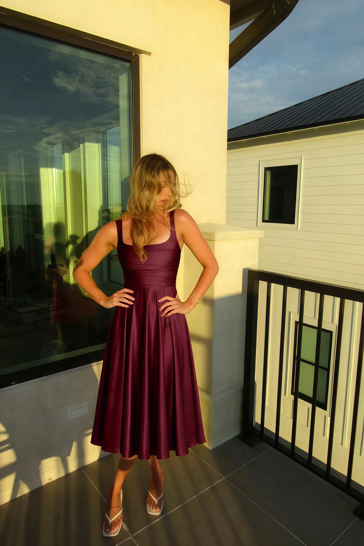 Abby Wine Satin Square Neck Ruched Midi Dress