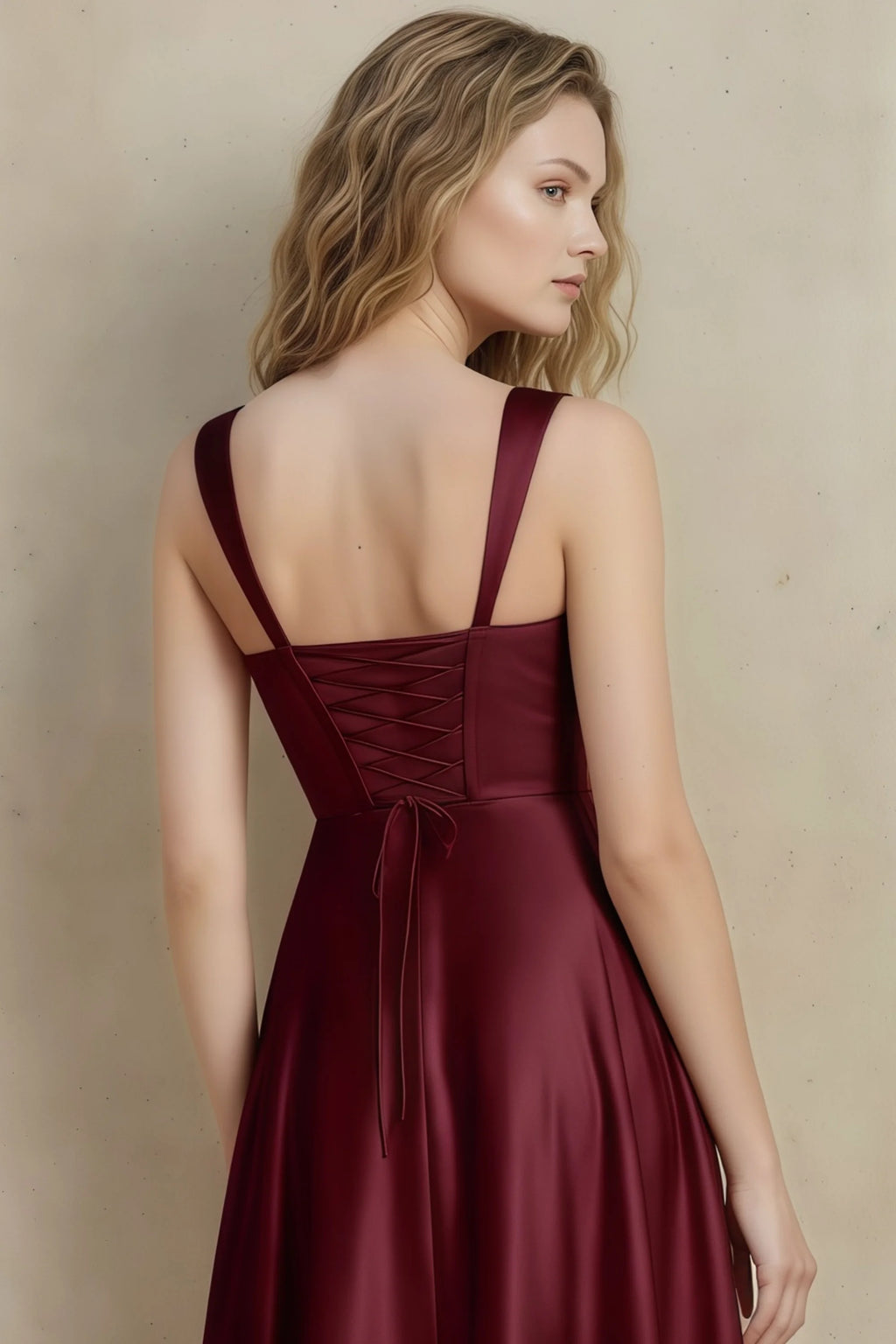 Abby Wine Satin Square Neck Ruched Midi Dress