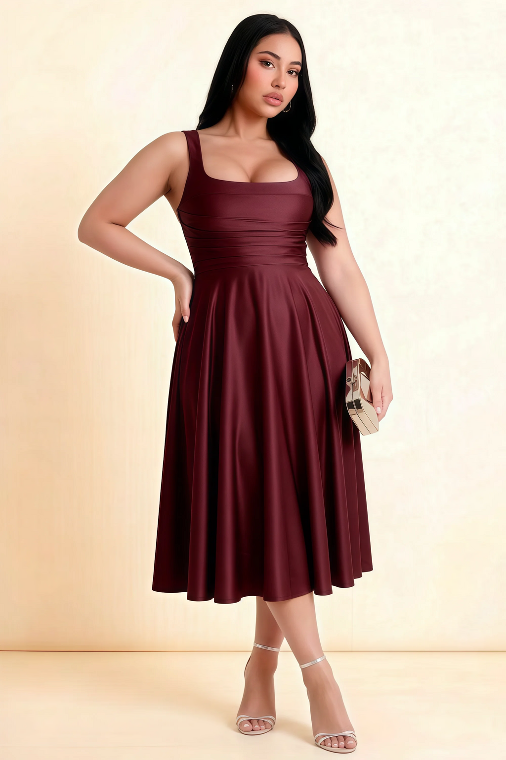 Abby Wine Satin Square Neck Ruched Midi Dress
