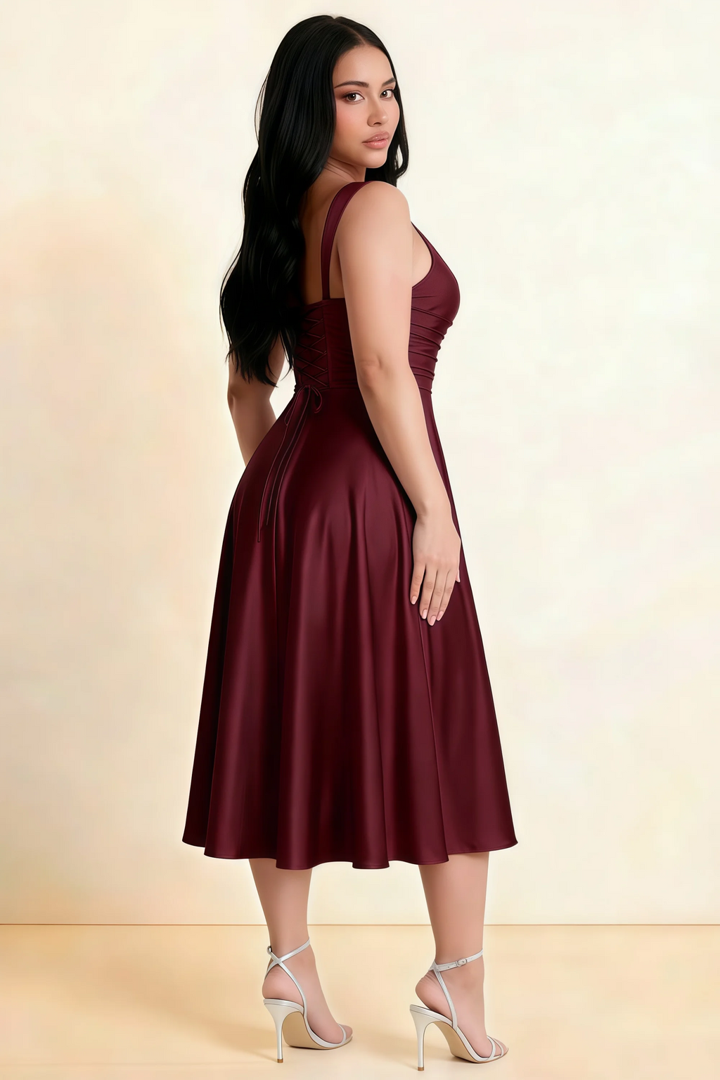 Abby Wine Satin Square Neck Ruched Midi Dress