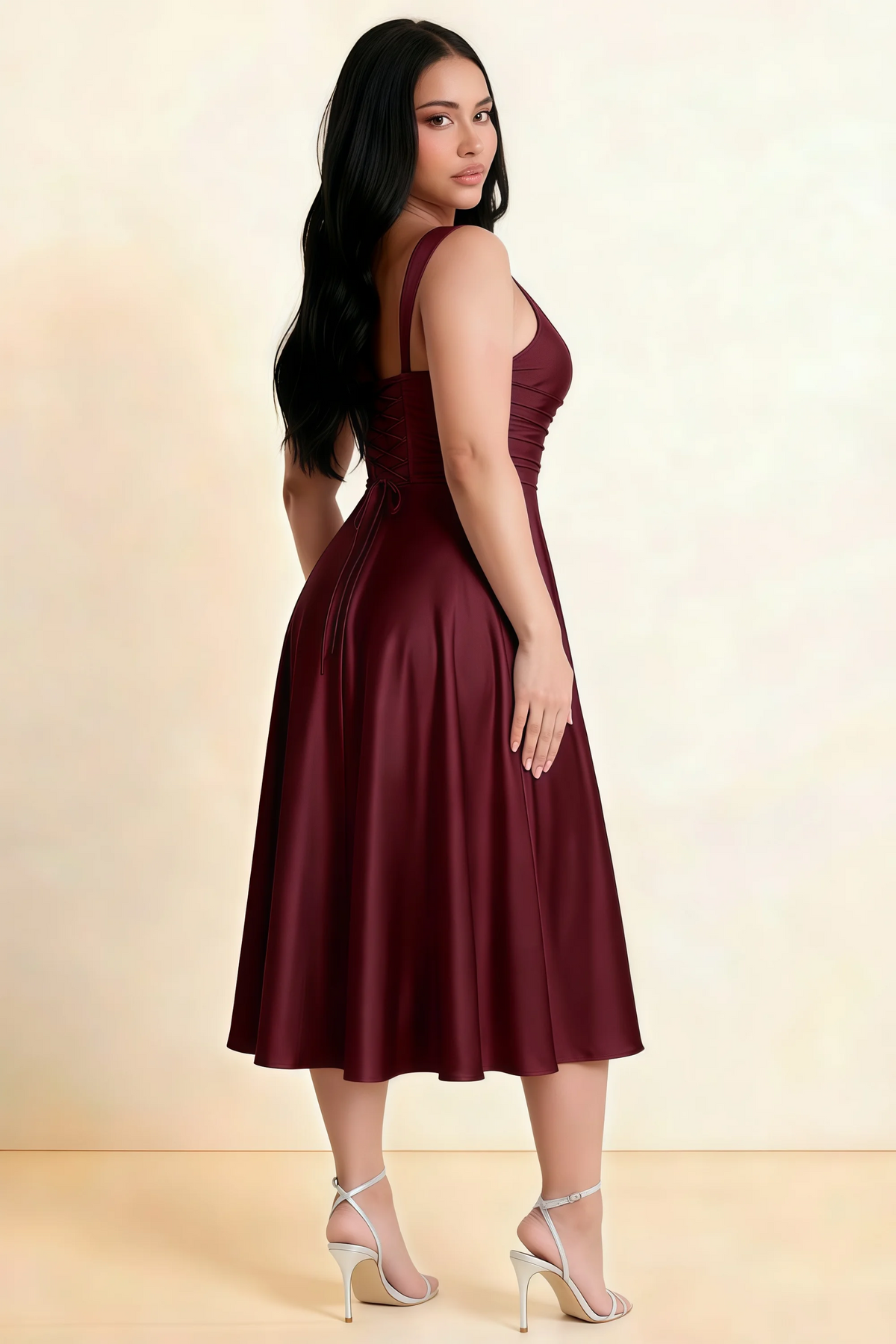 Abby Wine Satin Square Neck Ruched Midi Dress